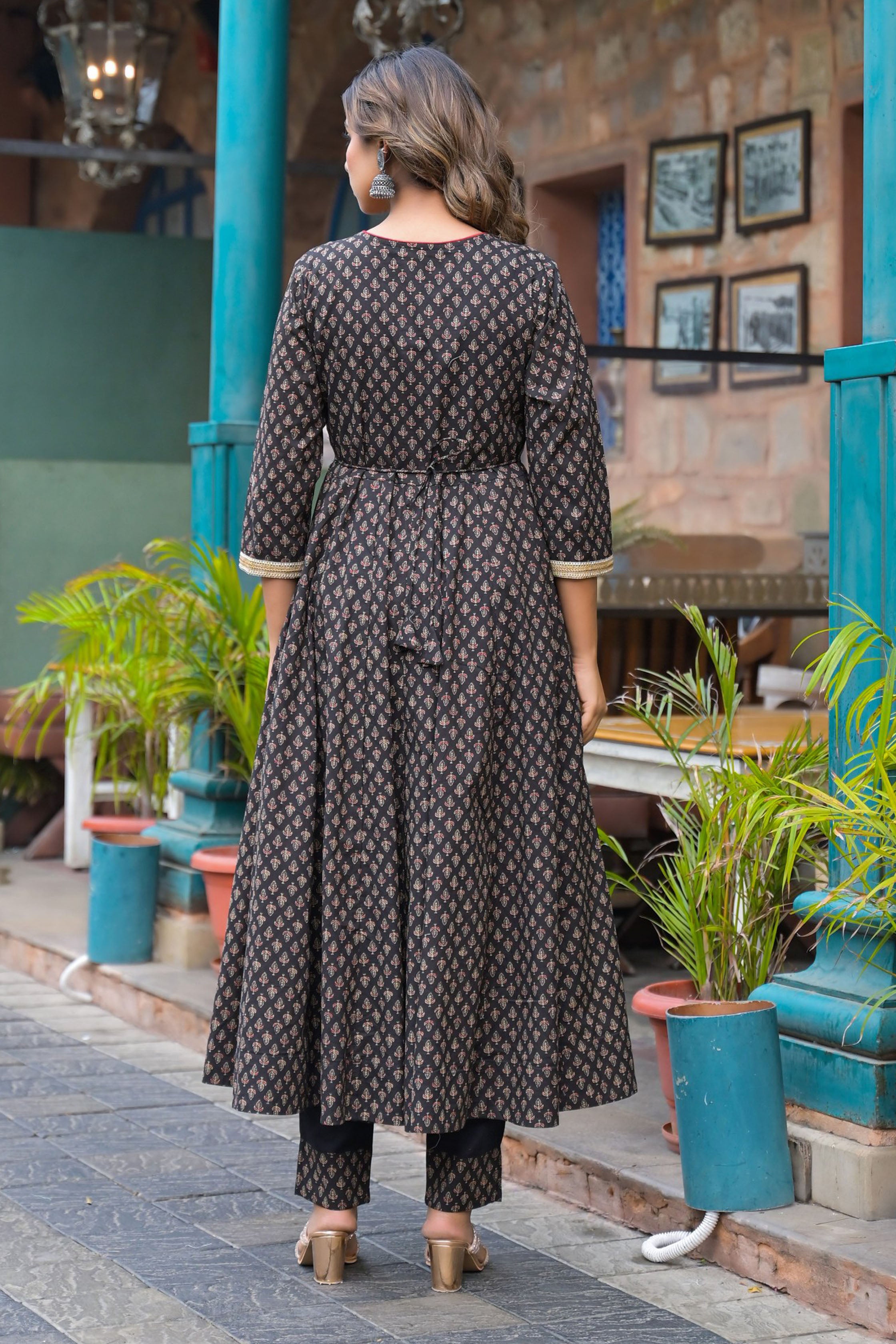 Black Cotton Regular Anarkali Round Neck Mirror Work Kurta and Trouser with Duaptta