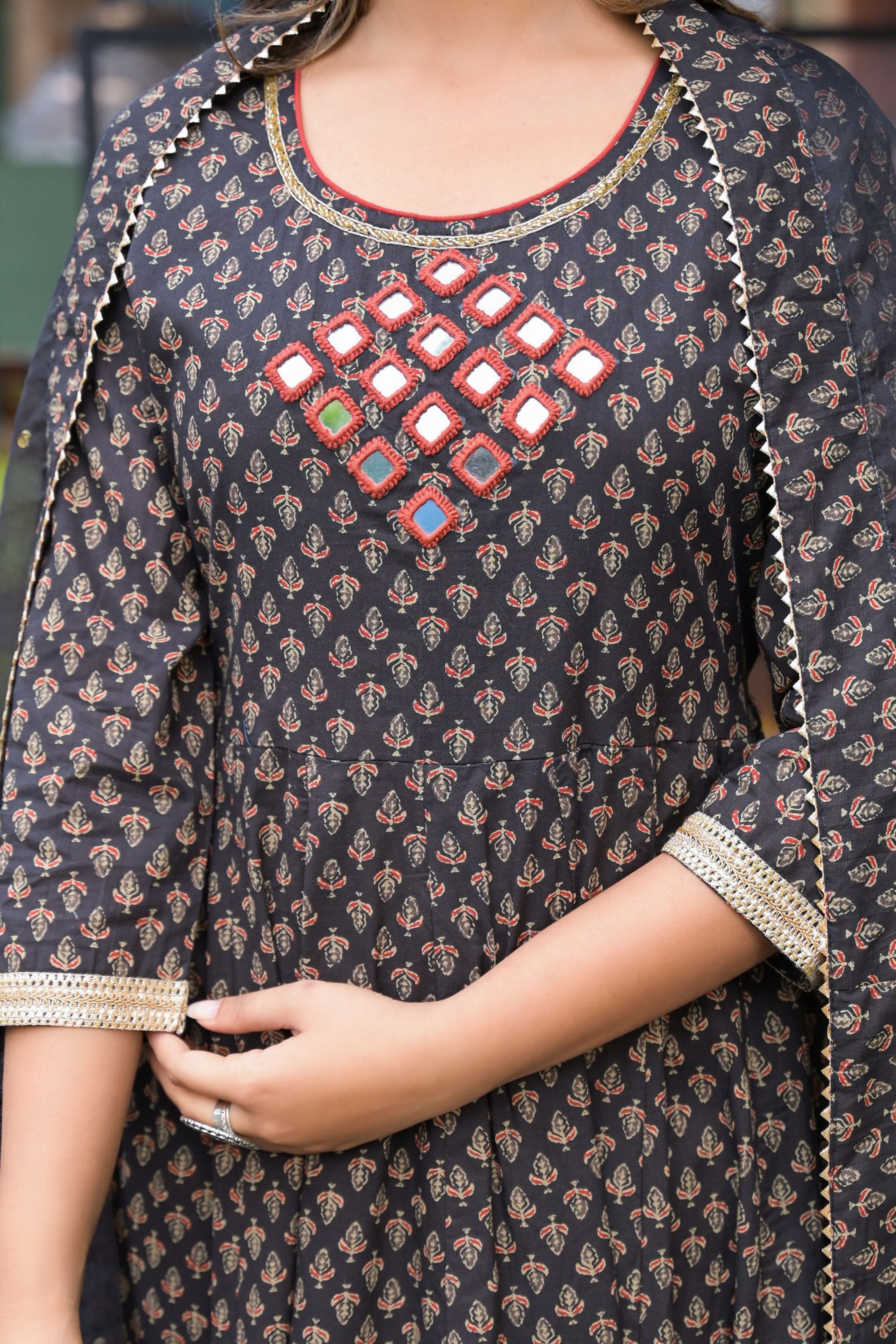 Black Cotton Regular Anarkali Round Neck Mirror Work Kurta and Trouser with Duaptta