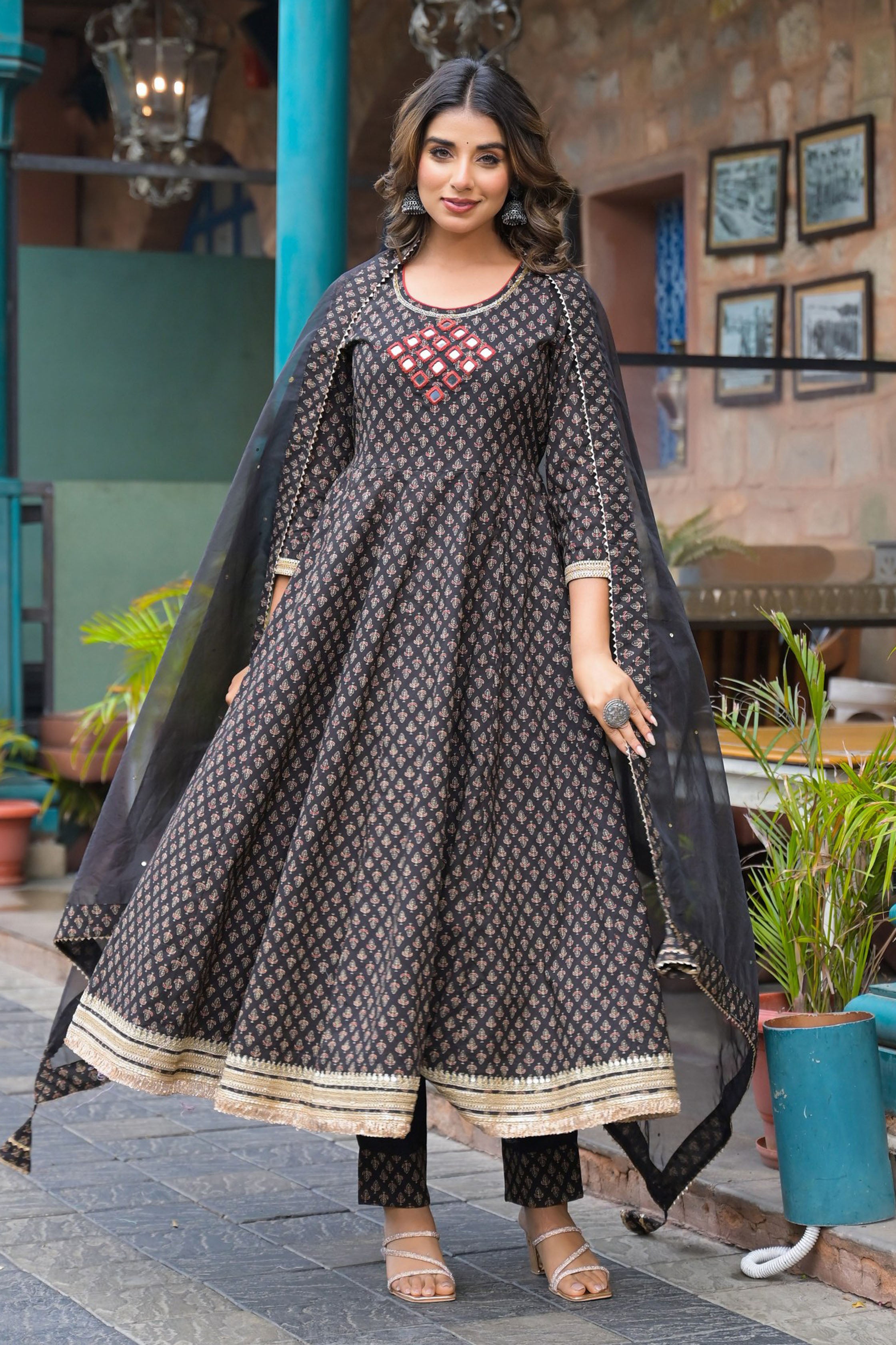 Black Cotton Regular Anarkali Round Neck Mirror Work Kurta and Trouser with Duaptta