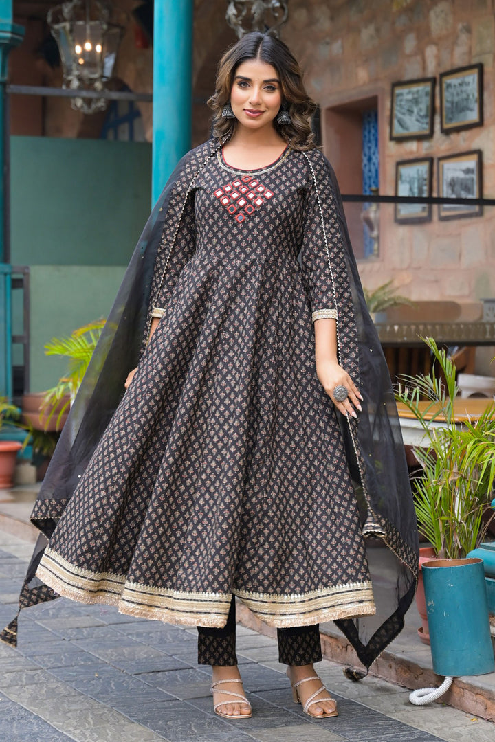 Black Cotton Regular Anarkali Round Neck Mirror Work Kurta and Trouser with Duaptta
