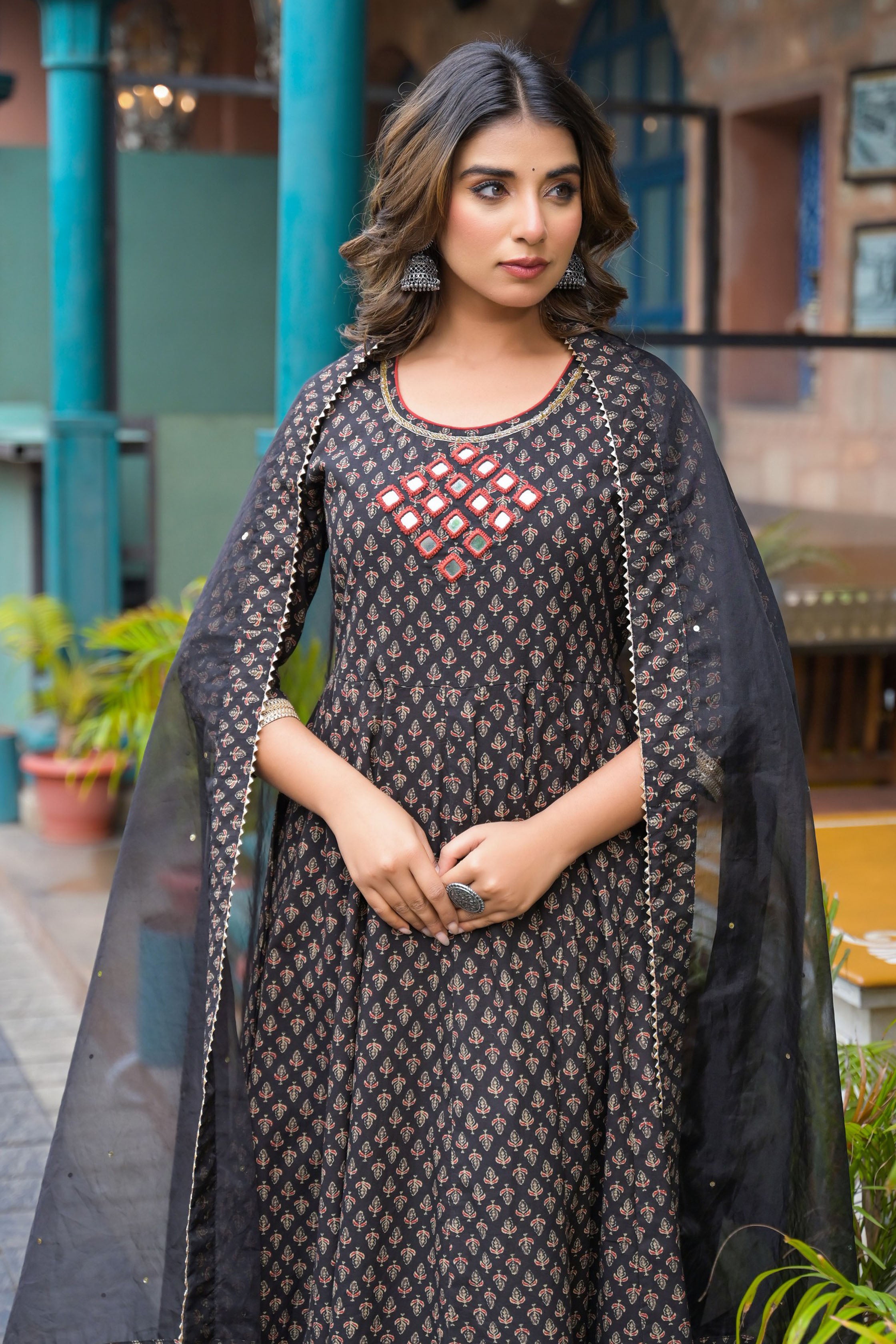 Black Cotton Regular Anarkali Round Neck Mirror Work Kurta and Trouser with Duaptta