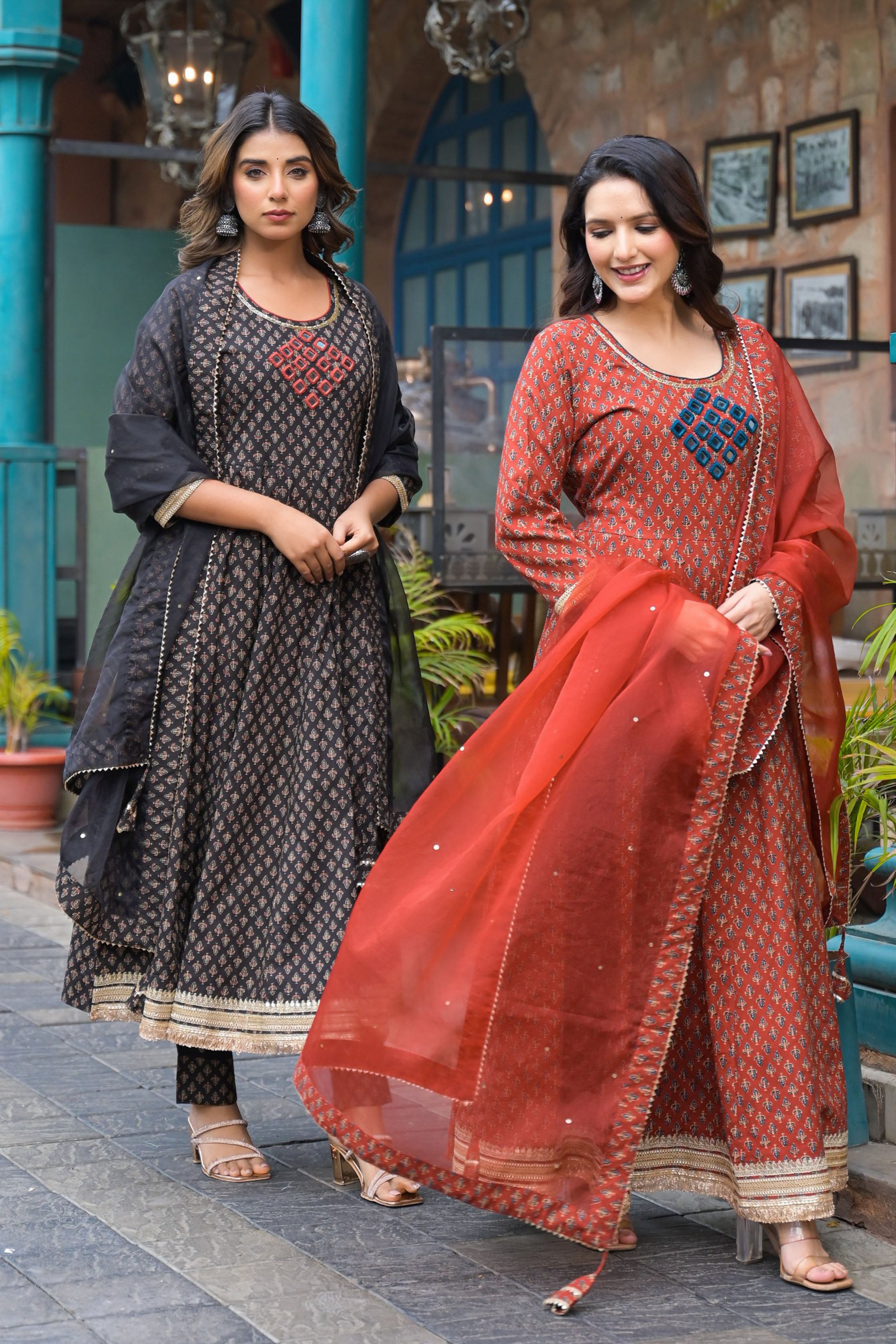 Black Cotton Regular Anarkali Round Neck Mirror Work Kurta and Trouser with Duaptta