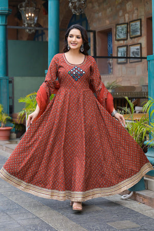 Aavanya Maroon Cotton Regular Anarkali Round Neck Mirror Work Kurta and Trouser with Duaptta
