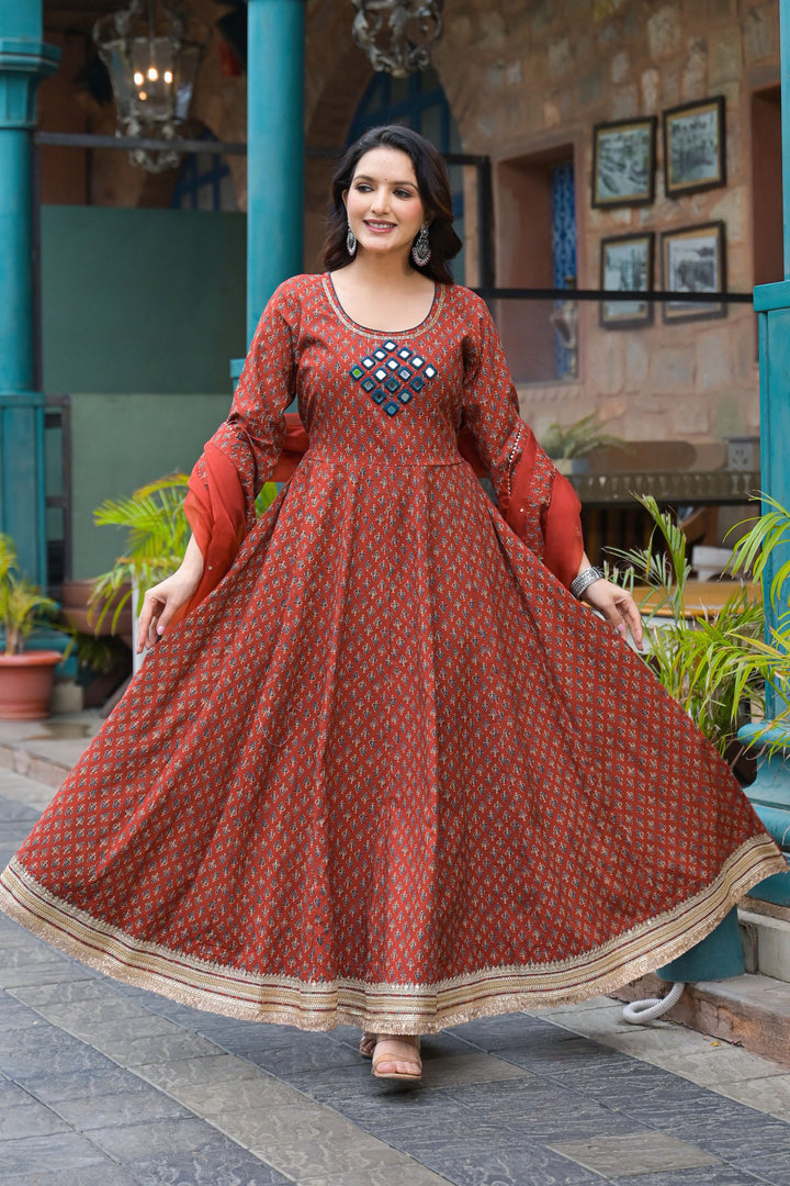 Aavanya Maroon Cotton Regular Anarkali Round Neck Mirror Work Kurta and Trouser with Duaptta