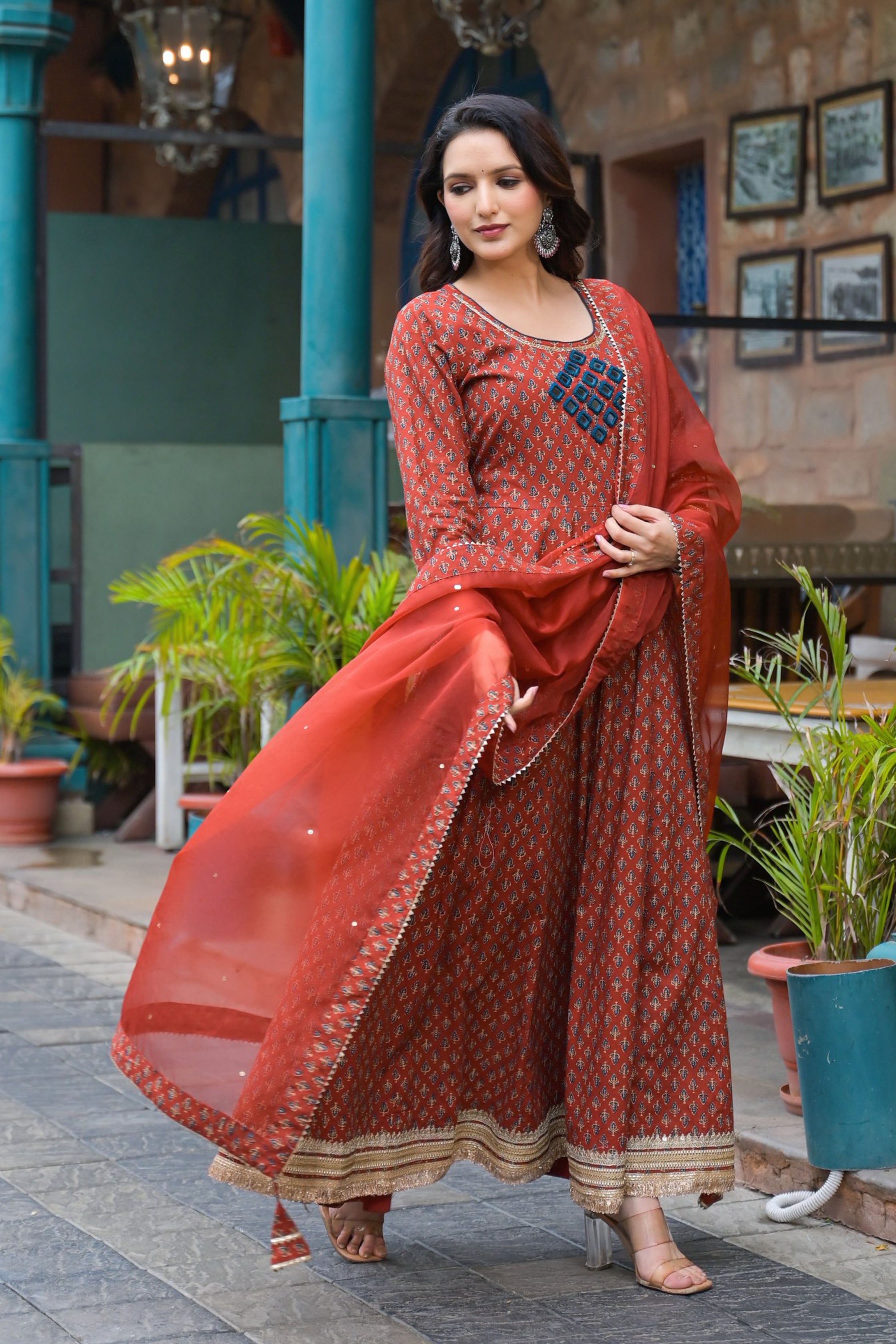 Maroon Cotton Regular Anarkali Round Neck Mirror Work Kurta and Trouser with Duaptta