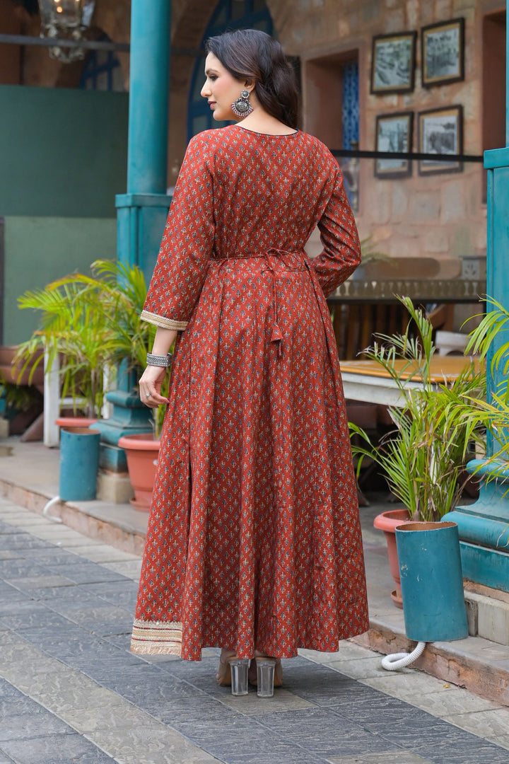 Maroon Cotton Regular Anarkali Round Neck Mirror Work Kurta and Trouser with Duaptta