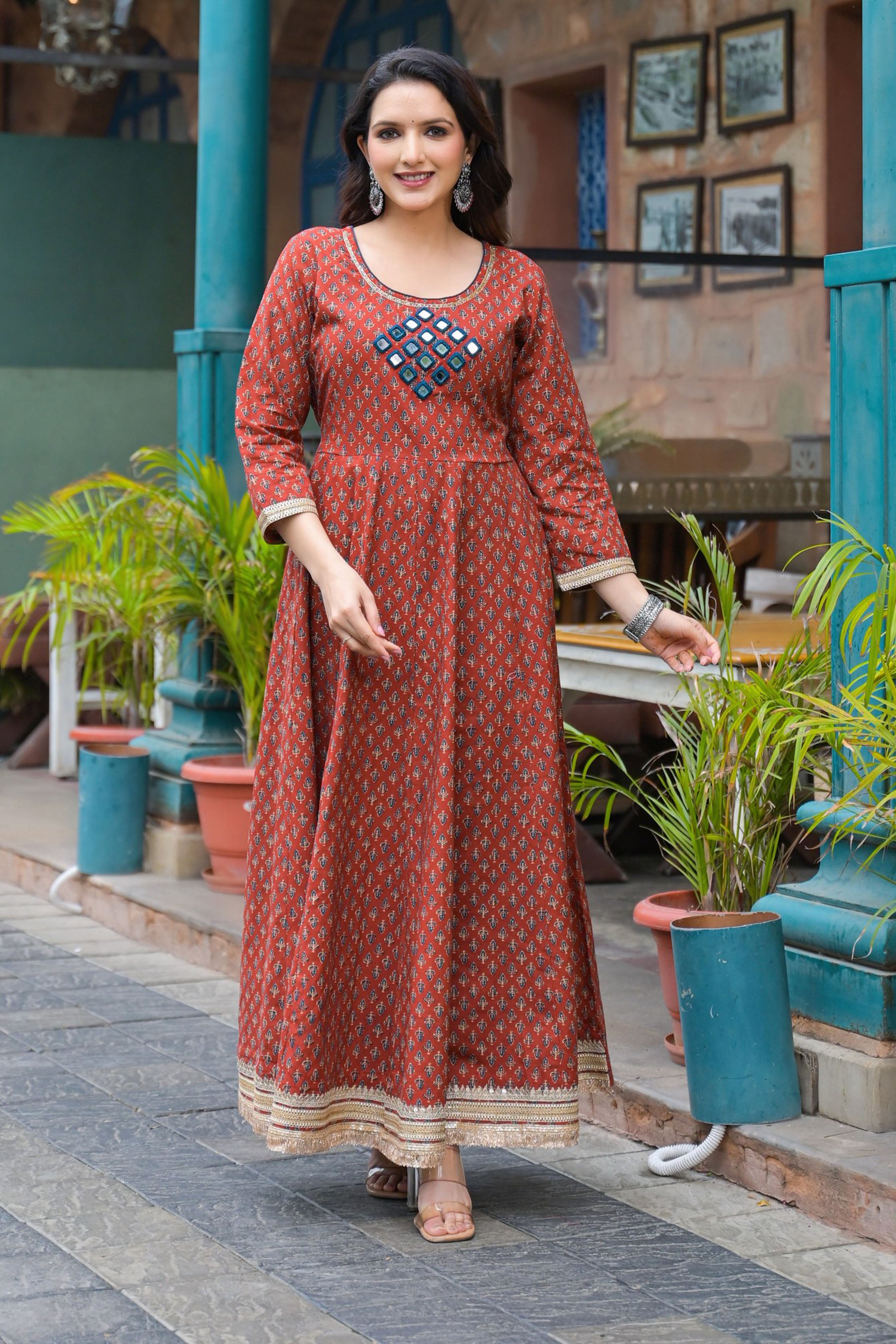 Maroon Cotton Regular Anarkali Round Neck Mirror Work Kurta and Trouser with Duaptta
