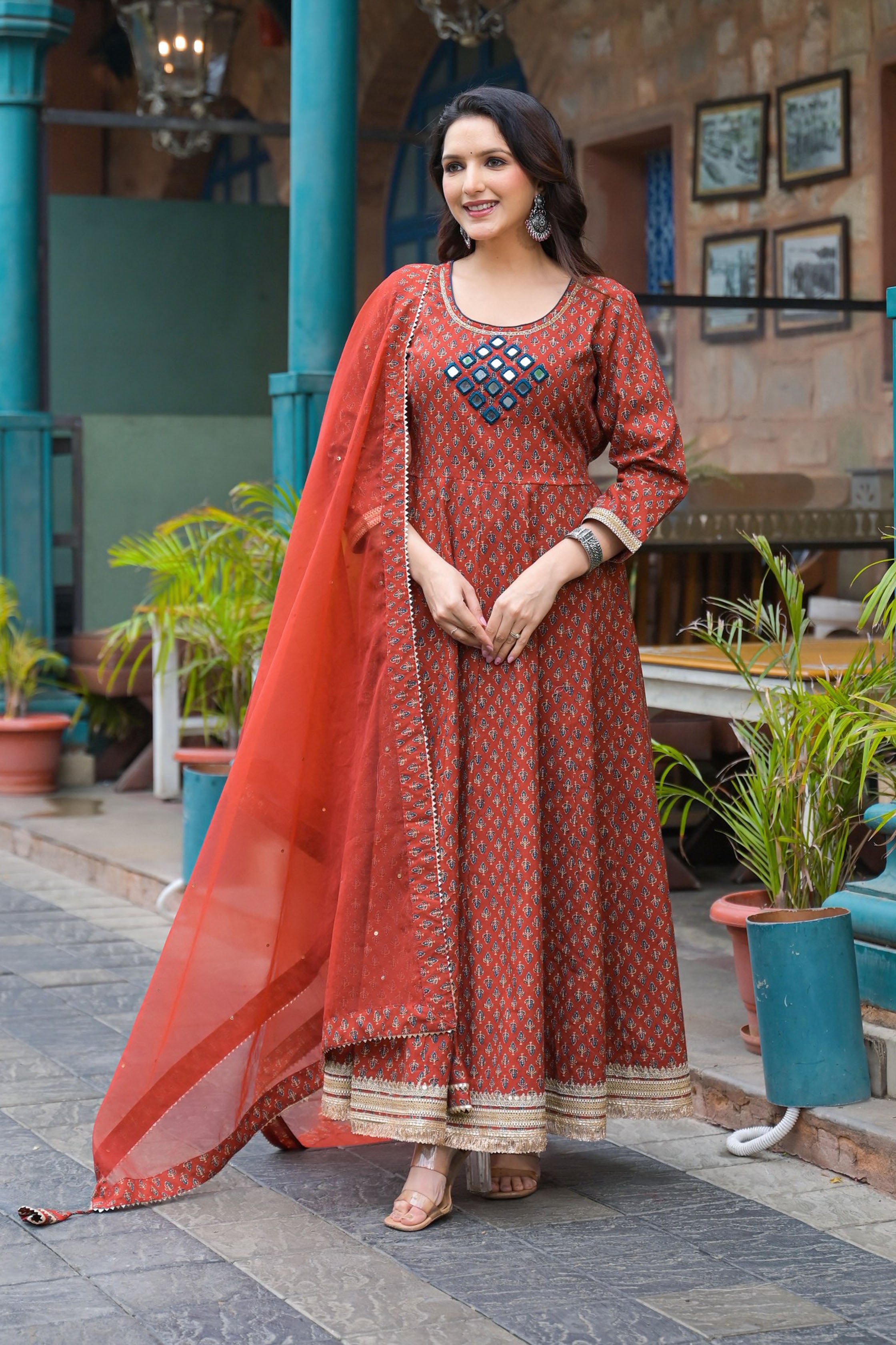Maroon Cotton Regular Anarkali Round Neck Mirror Work Kurta and Trouser with Duaptta