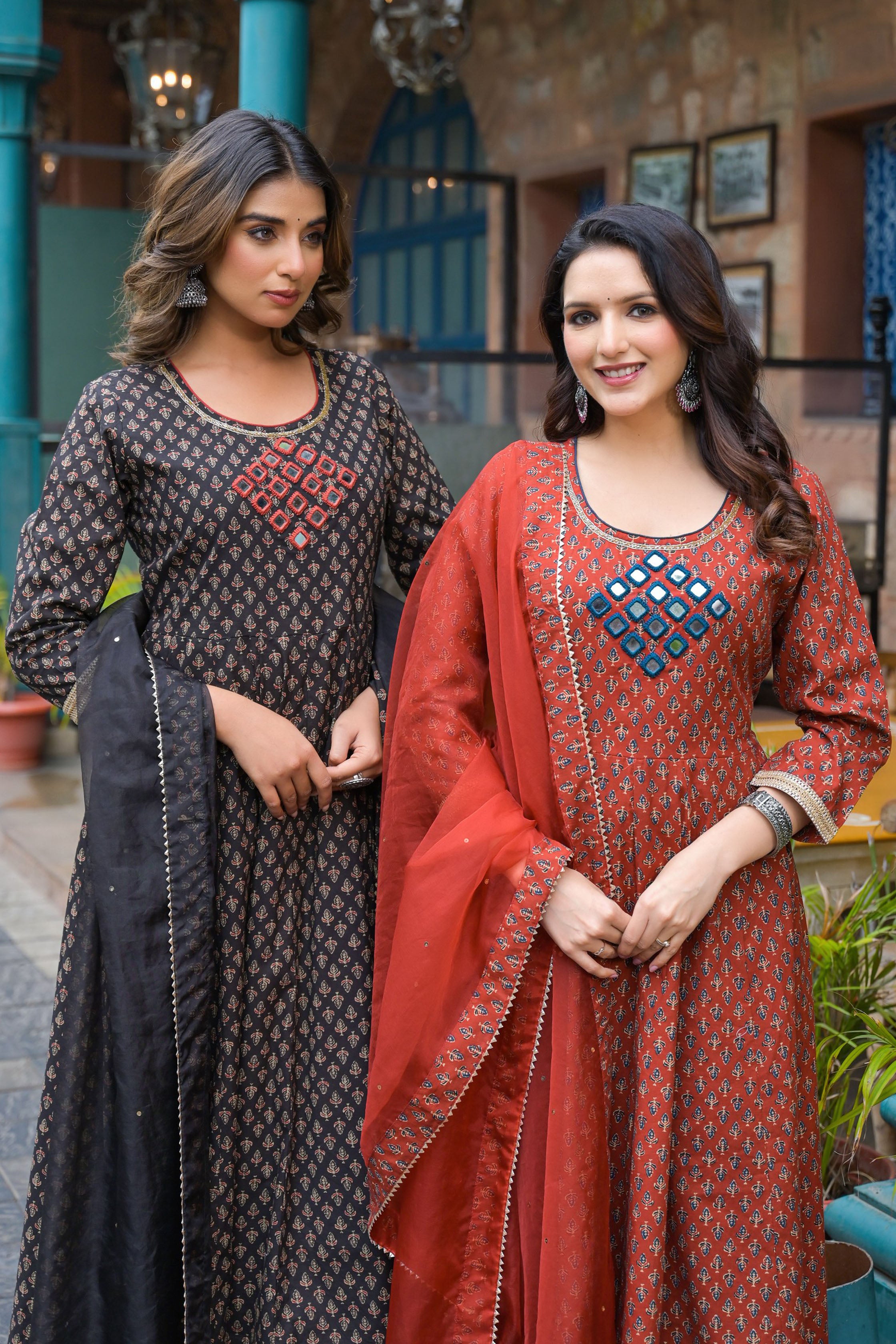 Maroon Cotton Regular Anarkali Round Neck Mirror Work Kurta and Trouser with Duaptta