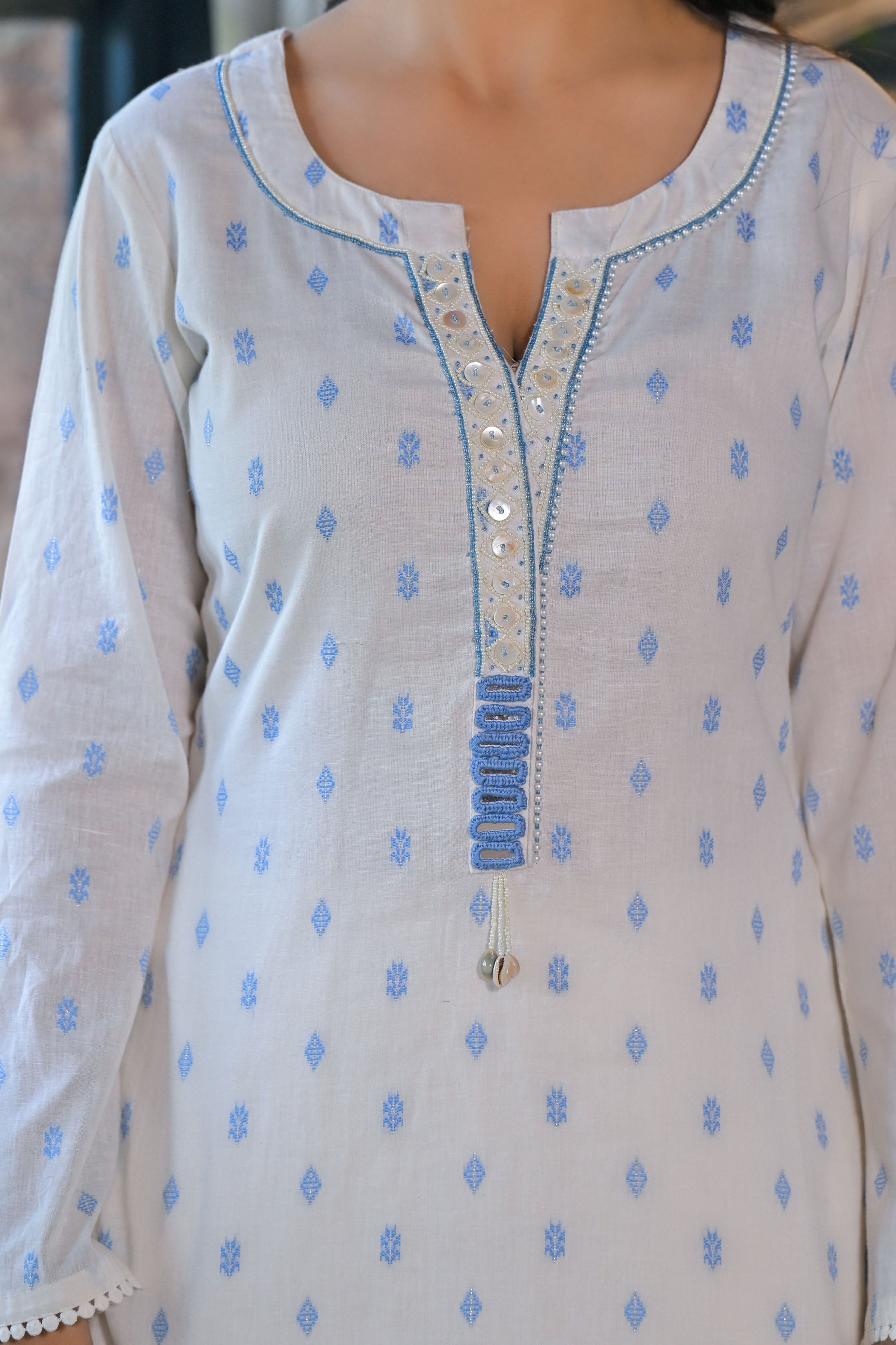 White Cotton Prinetd Bead & Stone work Round Neck Kurta & Palazzo With Dupatta