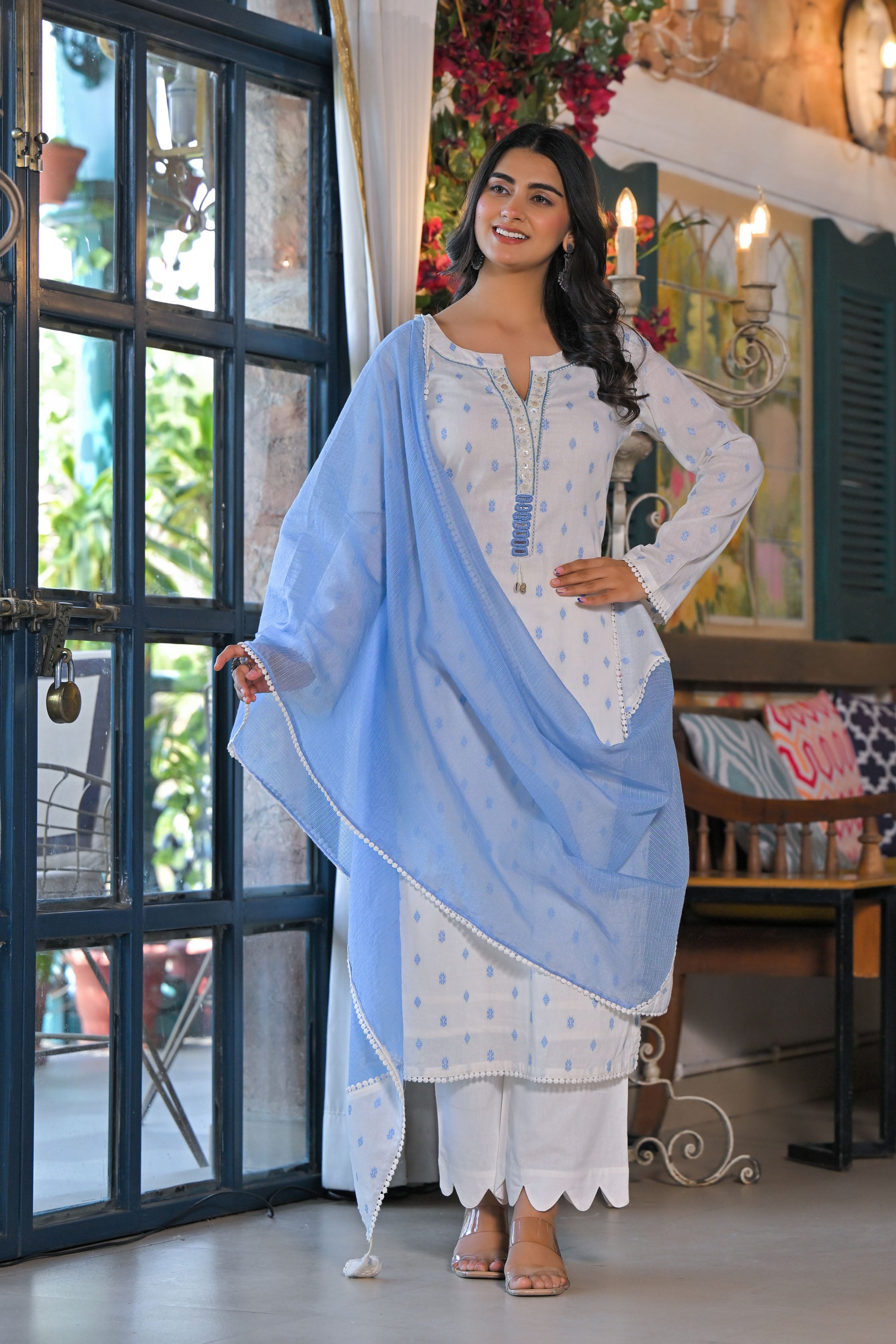 Aavanya White Cotton Bead & Stone work Round Neck Kurta & Palazzo With Dupatta