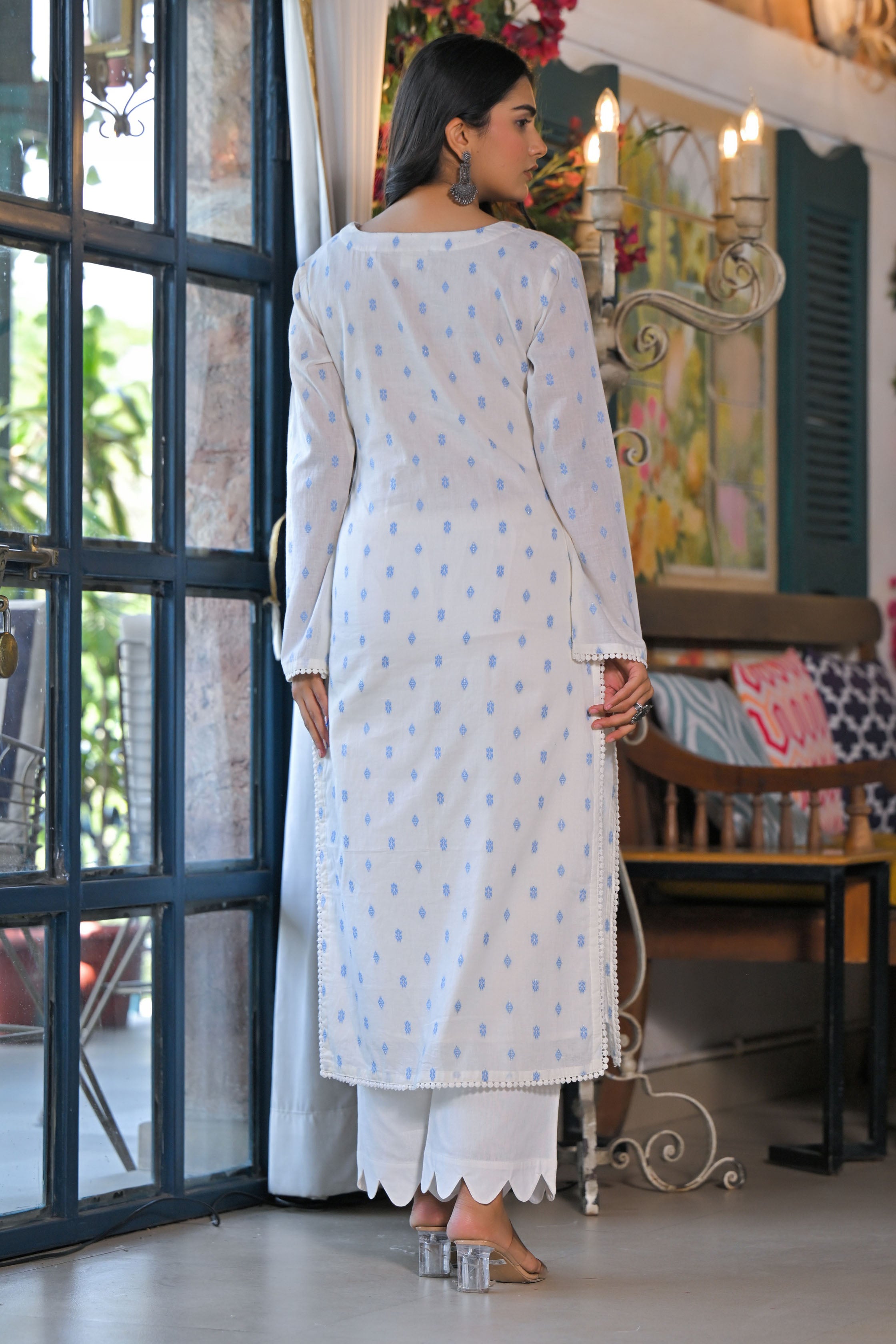 White Cotton Prinetd Bead & Stone work Round Neck Kurta & Palazzo With Dupatta