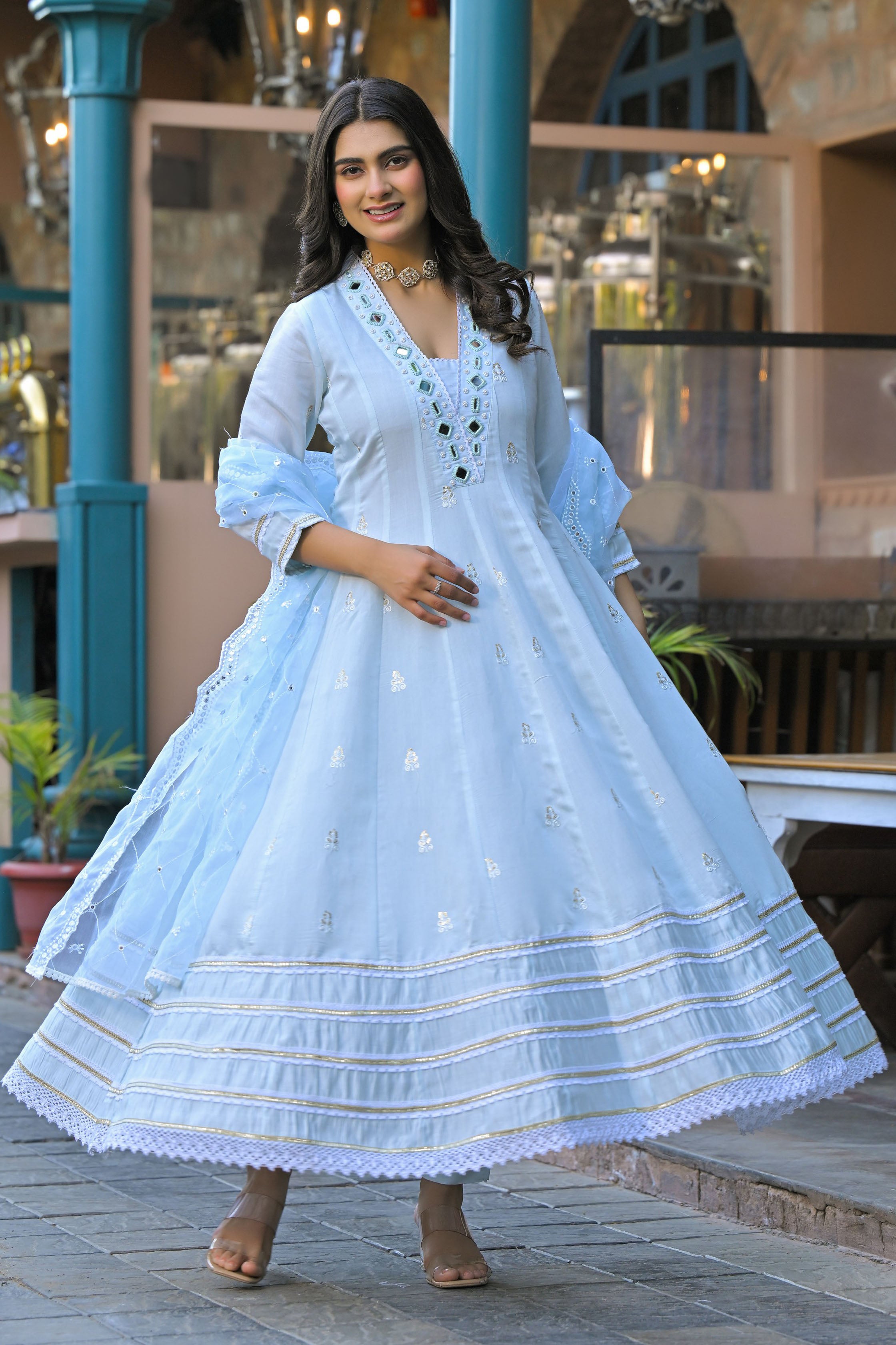 Aavanya Blue Hand Work and Mirror Work Chanderi Anarkali V-Neck Kurta and Trouser With Dupatta