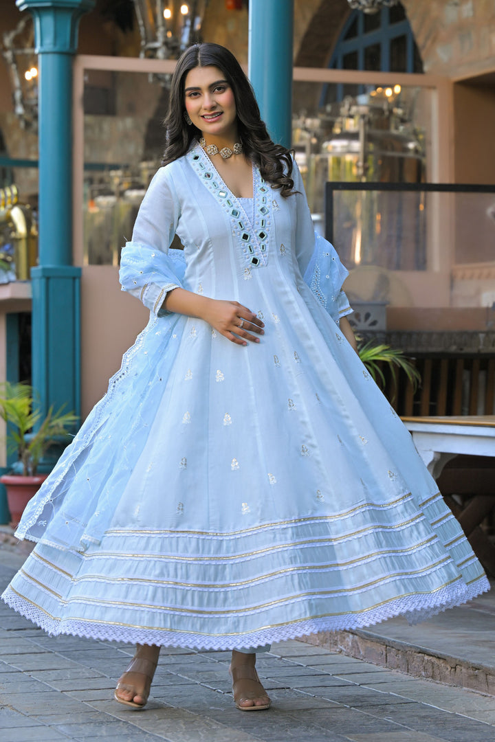 Aavanya Blue Hand Work and Mirror Work Chanderi Anarkali V-Neck Kurta and Trouser With Dupatta