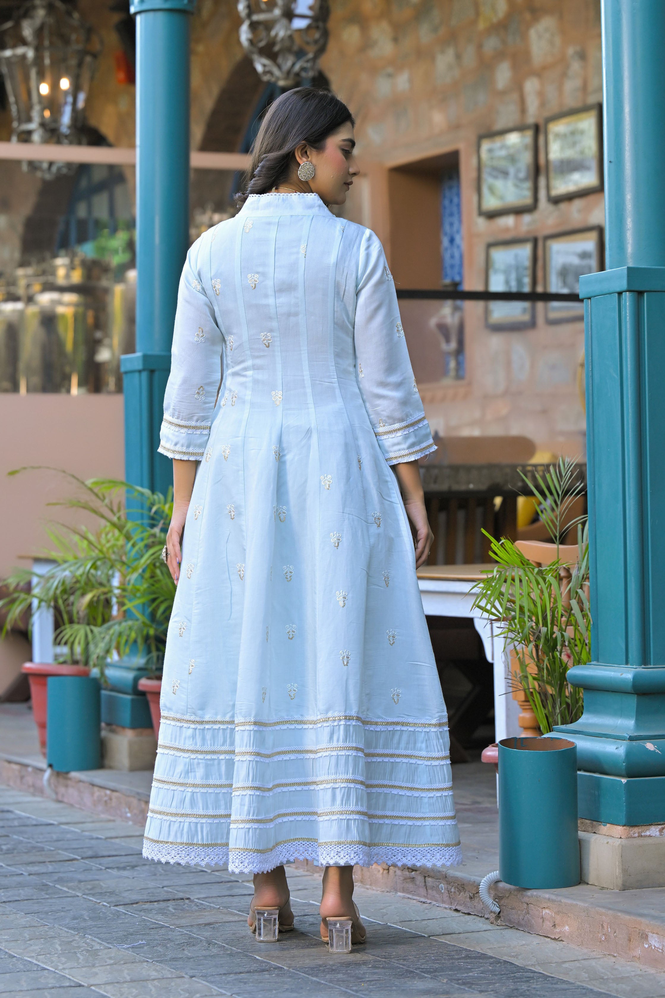 Blue Hand Work and Mirror Work Chanderi Anarkali V-Neck Kurta and Trouser With Dupatta