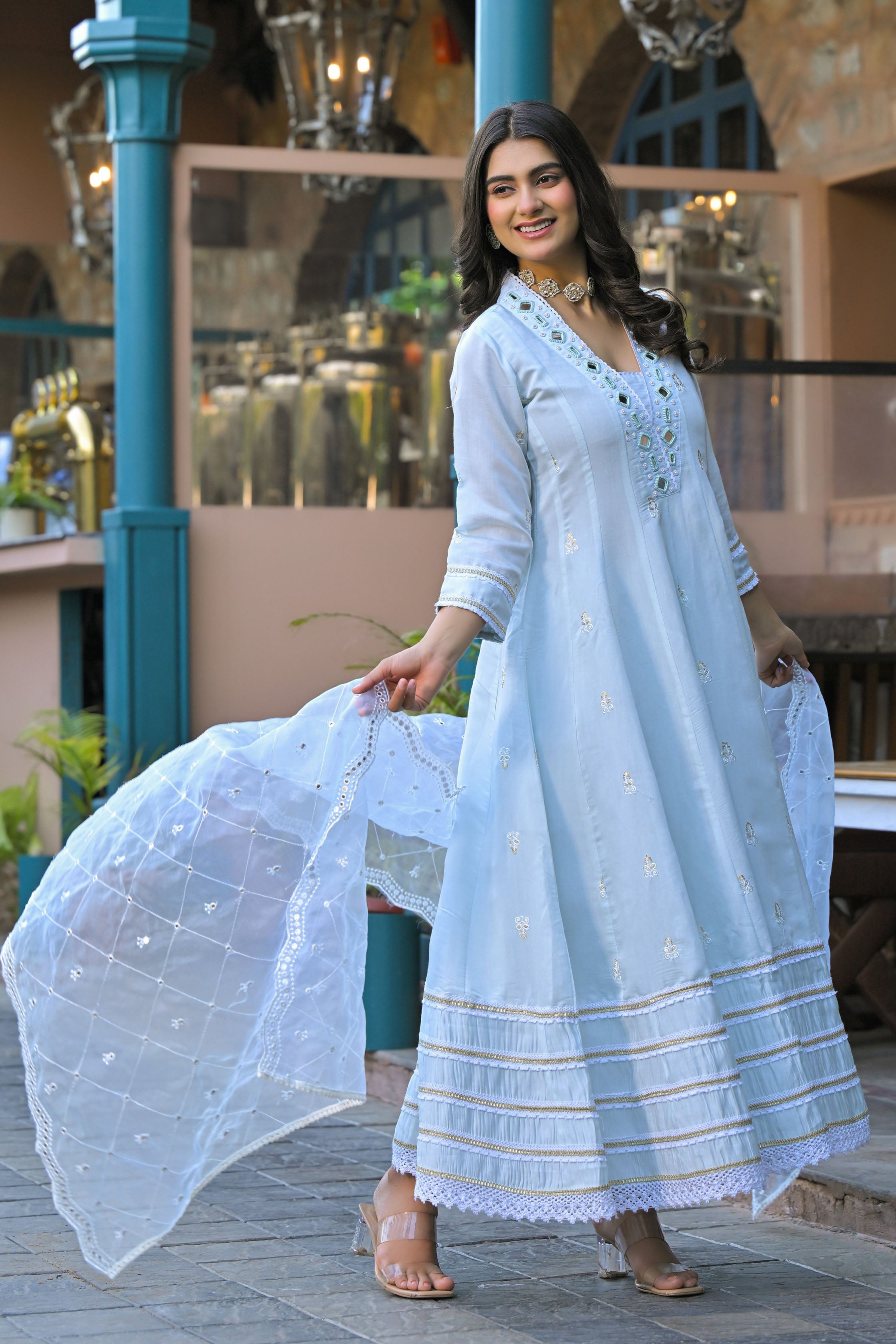 Blue Hand Work and Mirror Work Chanderi Anarkali V-Neck Kurta and Trouser With Dupatta
