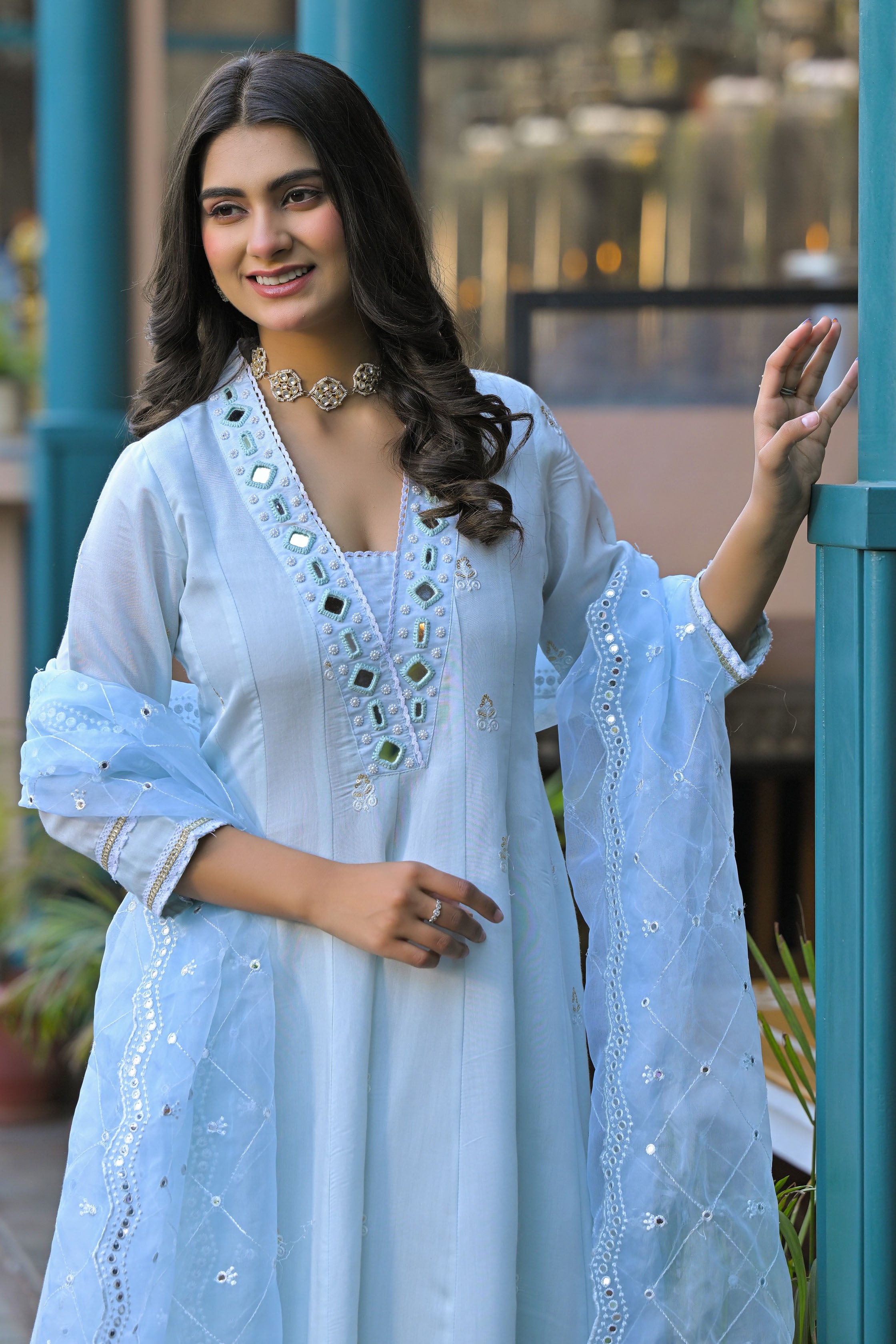 Blue Hand Work and Mirror Work Chanderi Anarkali V-Neck Kurta and Trouser With Dupatta