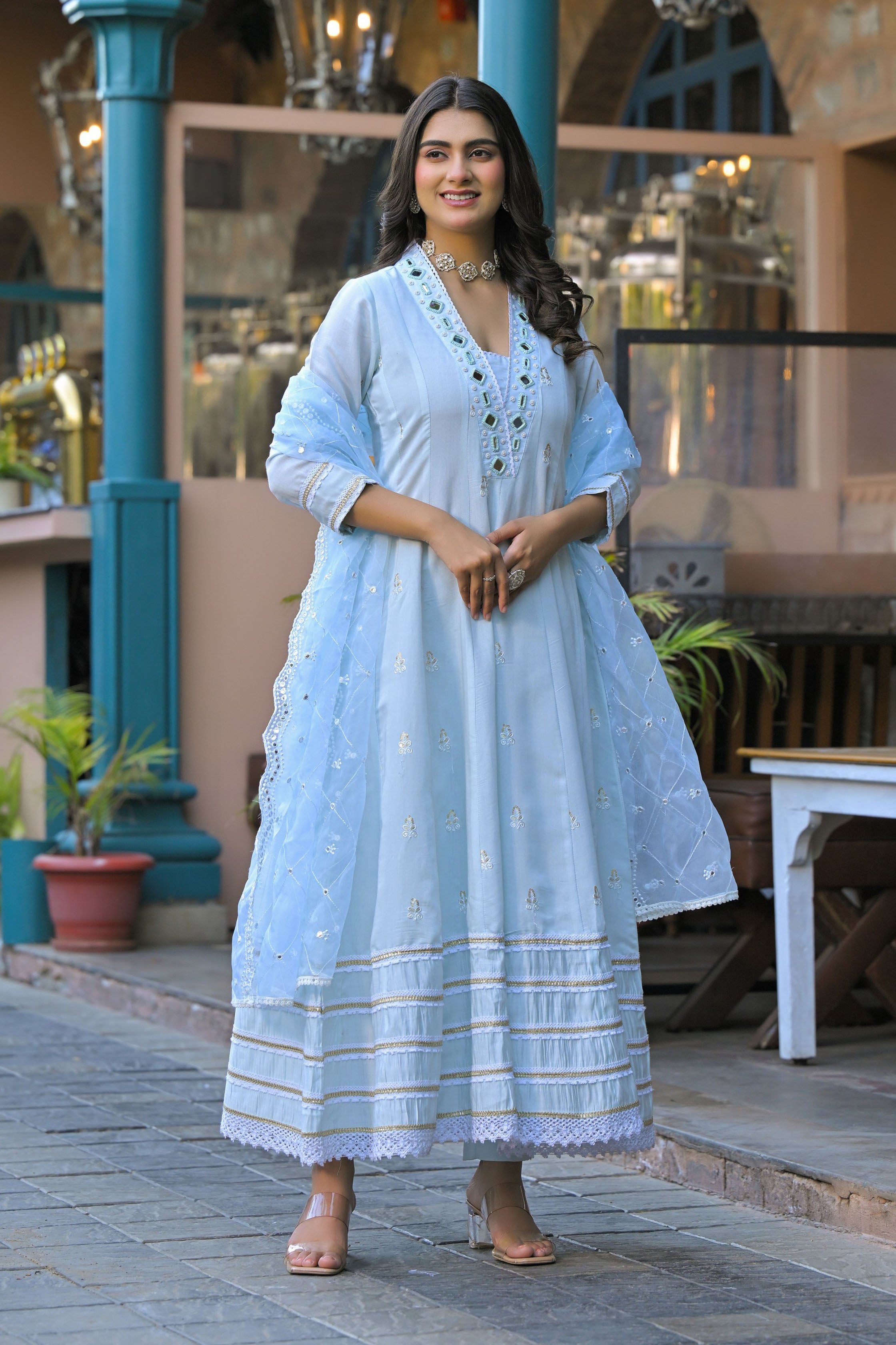 Blue Hand Work and Mirror Work Chanderi Anarkali V-Neck Kurta and Trouser With Dupatta