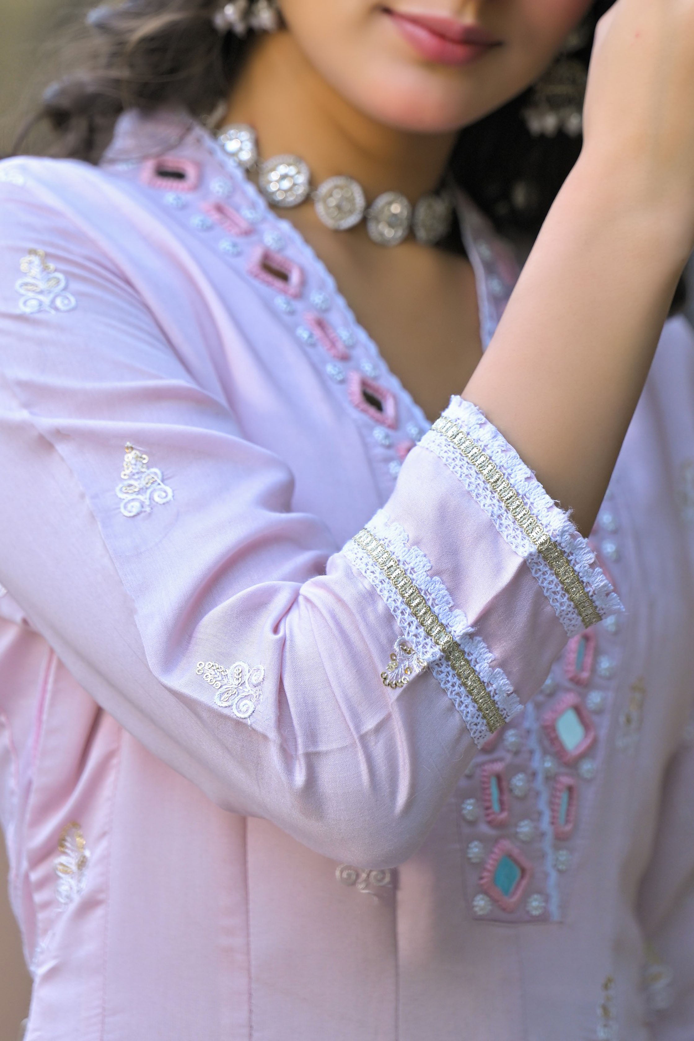 Pink Hand Work and Mirror Work Chanderi Anarkali V-Neck Kurta and Trouser With Dupatta