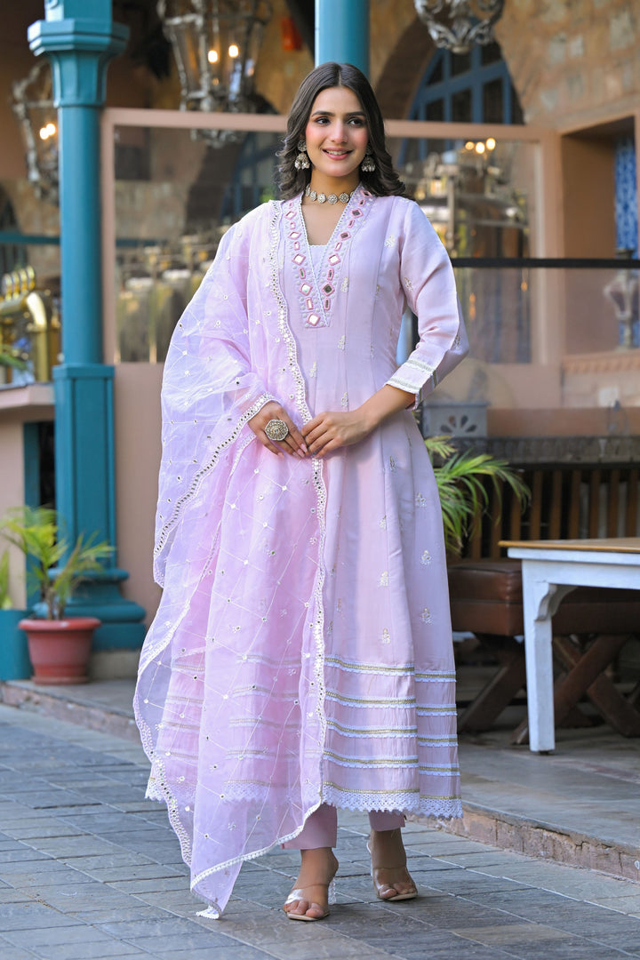 Aavanya Pink Hand Work and Mirror Work Chanderi Anarkali V-Neck Kurta and Trouser With Dupatta