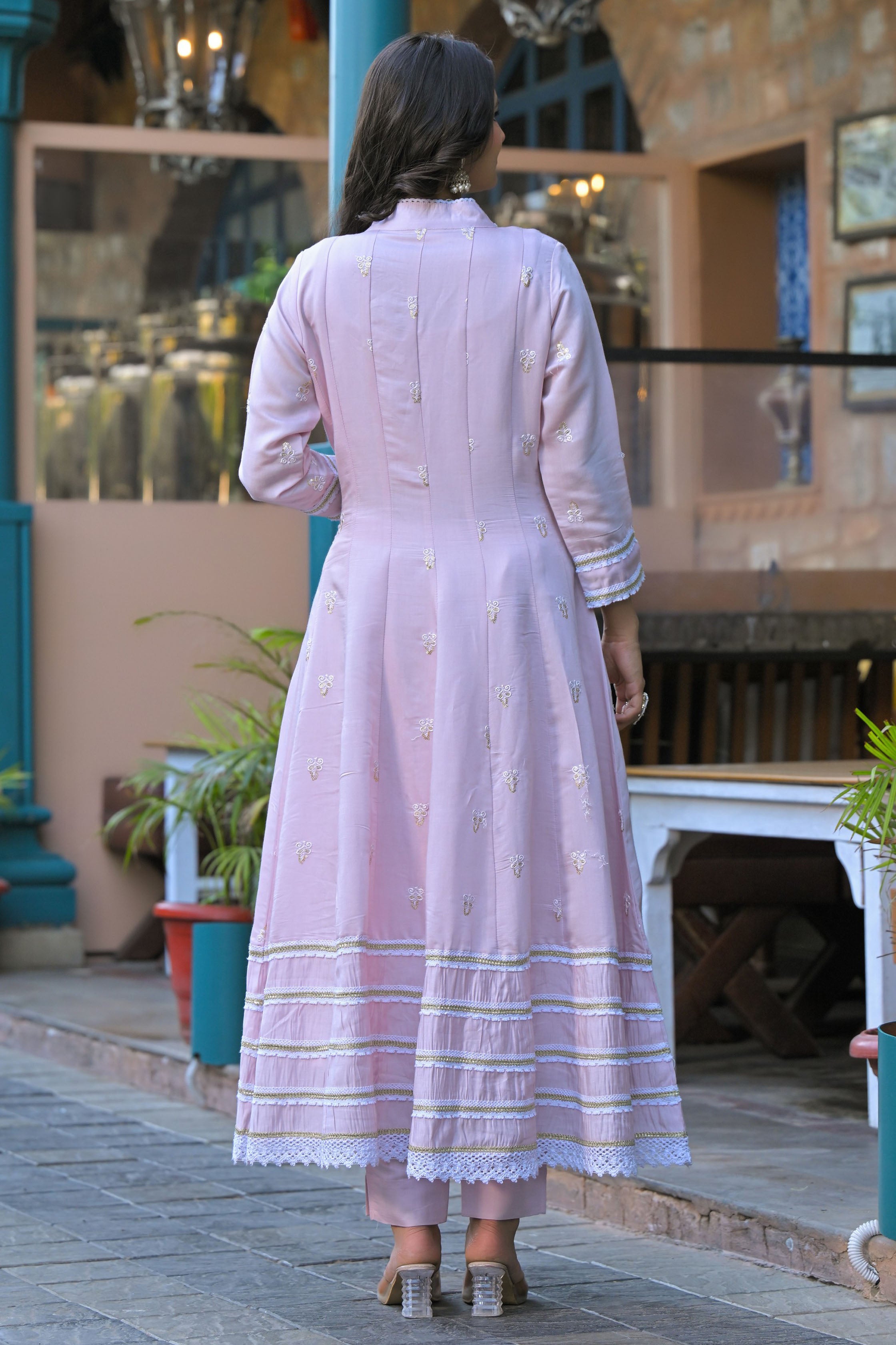 Pink Hand Work and Mirror Work Chanderi Anarkali V-Neck Kurta and Trouser With Dupatta