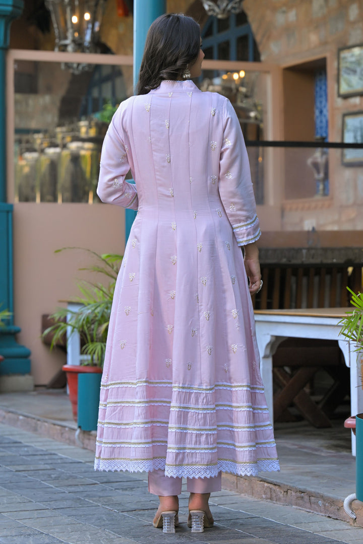 Pink Hand Work and Mirror Work Chanderi Anarkali V-Neck Kurta and Trouser With Dupatta