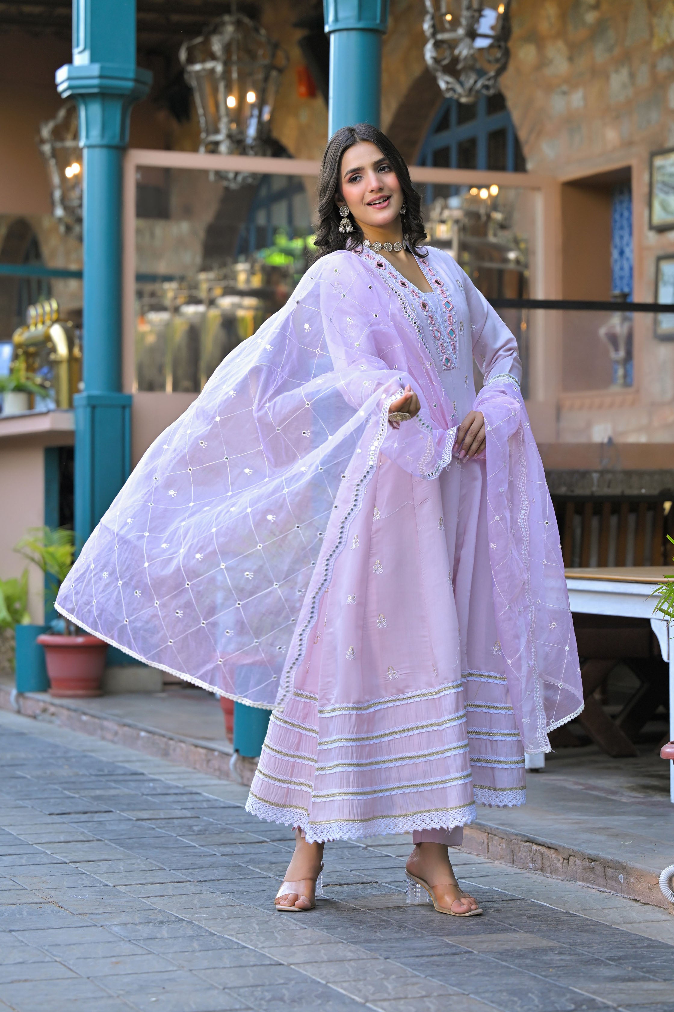 Pink Hand Work and Mirror Work Chanderi Anarkali V-Neck Kurta and Trouser With Dupatta