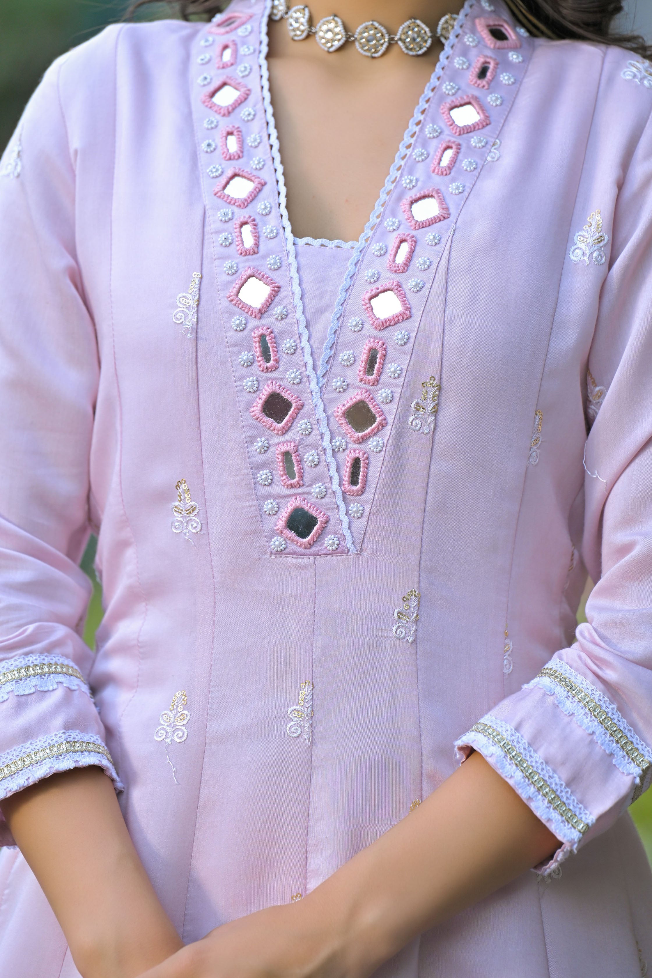 Pink Hand Work and Mirror Work Chanderi Anarkali V-Neck Kurta and Trouser With Dupatta