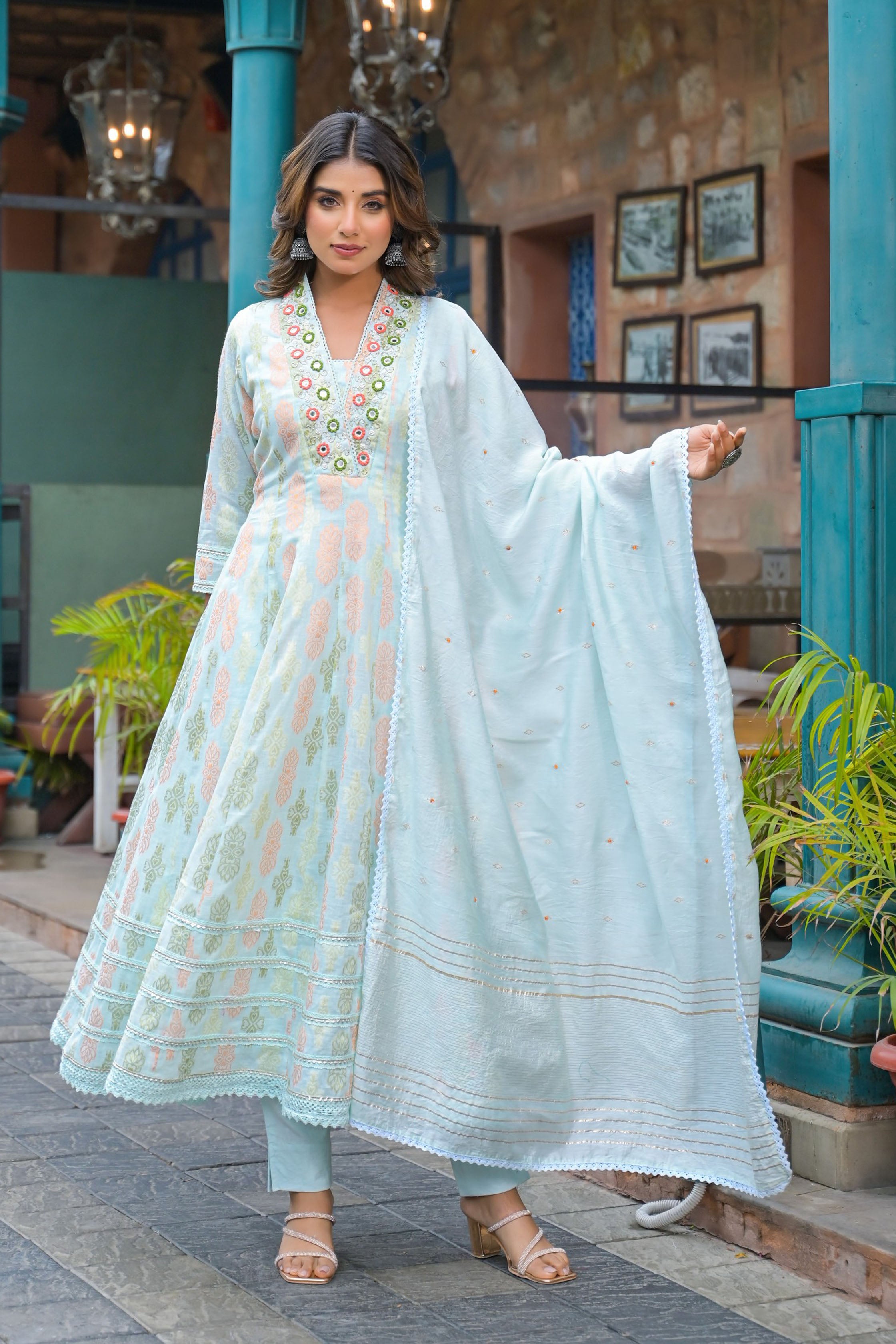Blue Hand Work and Mirror Work Cotton Anarkali V-Neck Kurta and Trouser With Dupatta