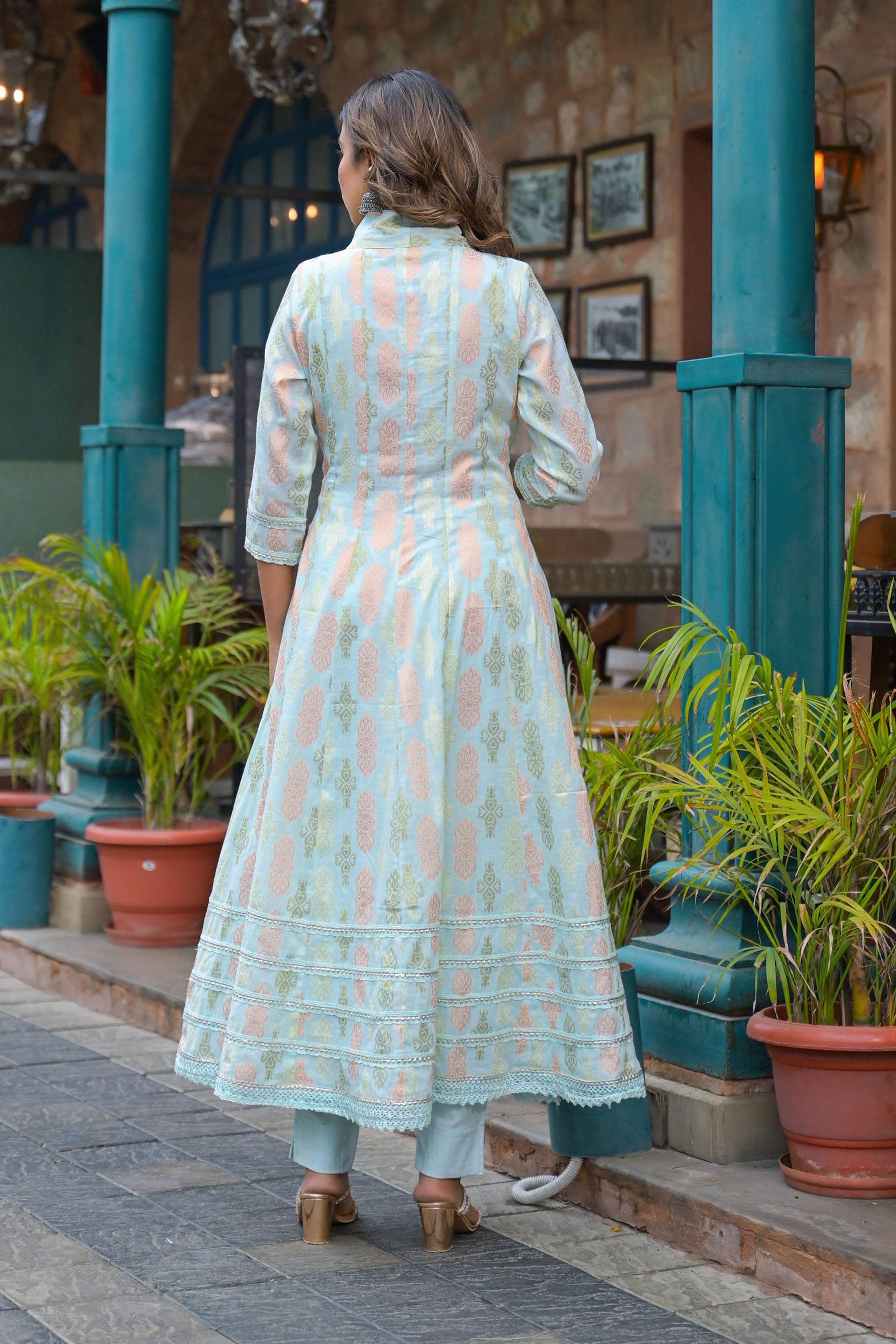 Blue Hand Work and Mirror Work Cotton Anarkali V-Neck Kurta and Trouser With Dupatta