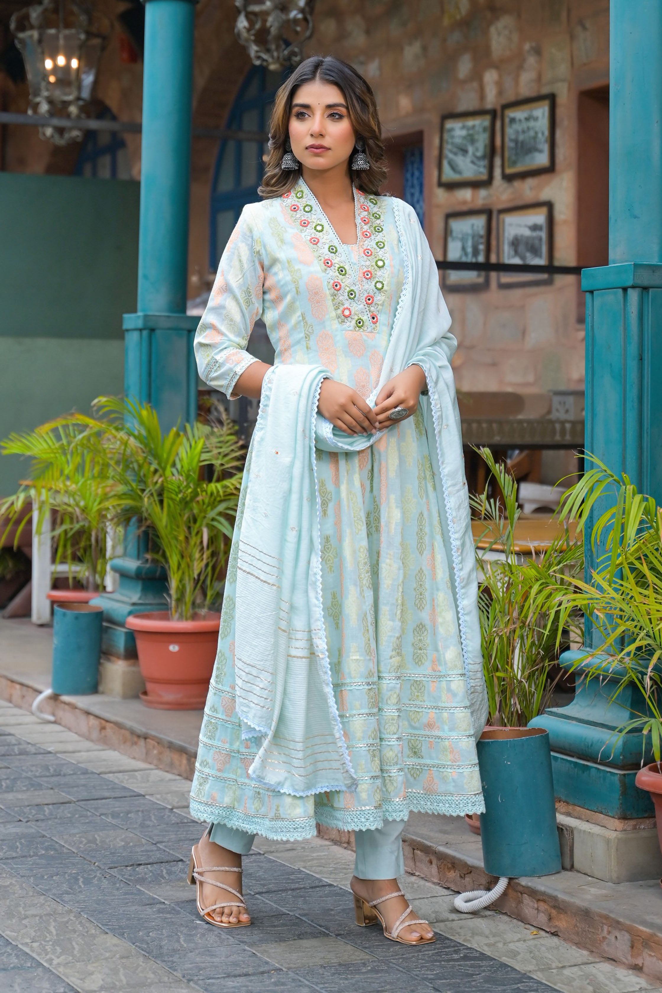 Blue Hand Work and Mirror Work Cotton Anarkali V-Neck Kurta and Trouser With Dupatta