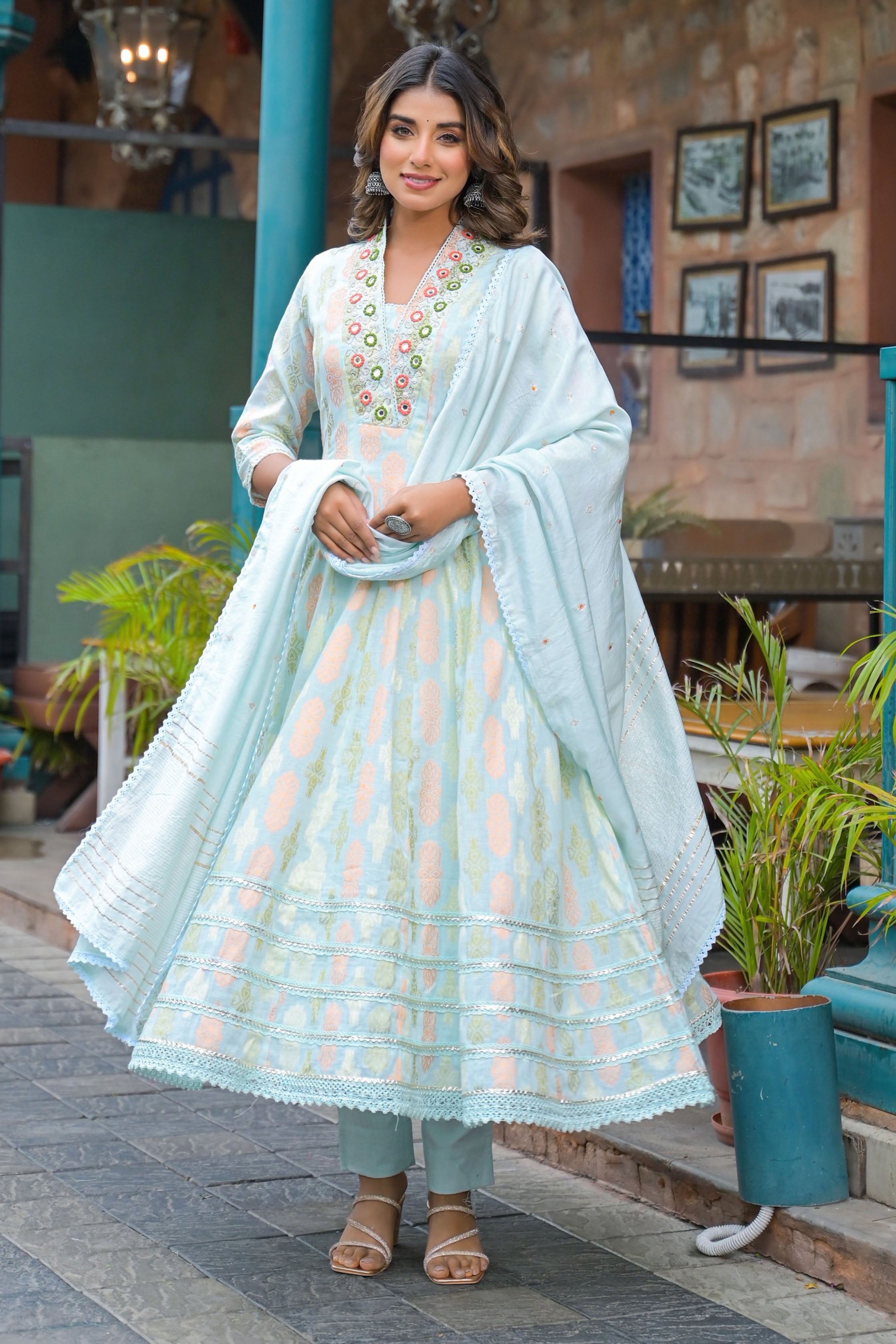 Aavanya Blue Hand Work and Mirror Work Cotton Anarkali V-Neck Kurta and Trouser With Dupatta