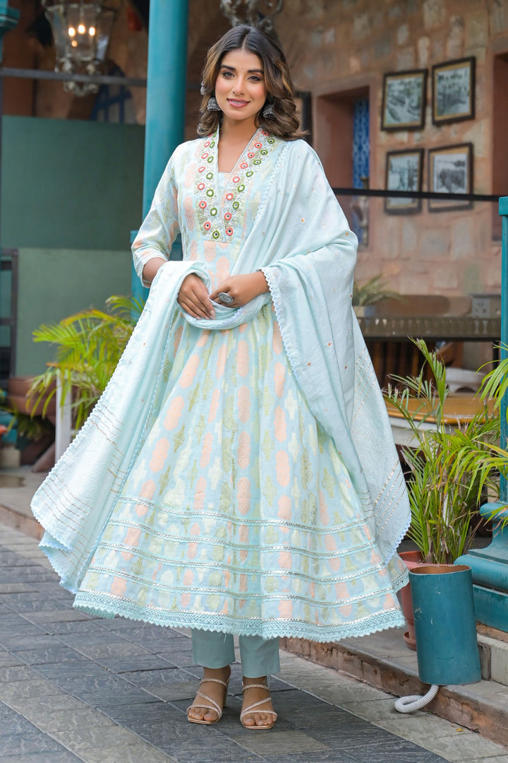 Aavanya Blue Hand Work and Mirror Work Cotton Anarkali V-Neck Kurta and Trouser With Dupatta