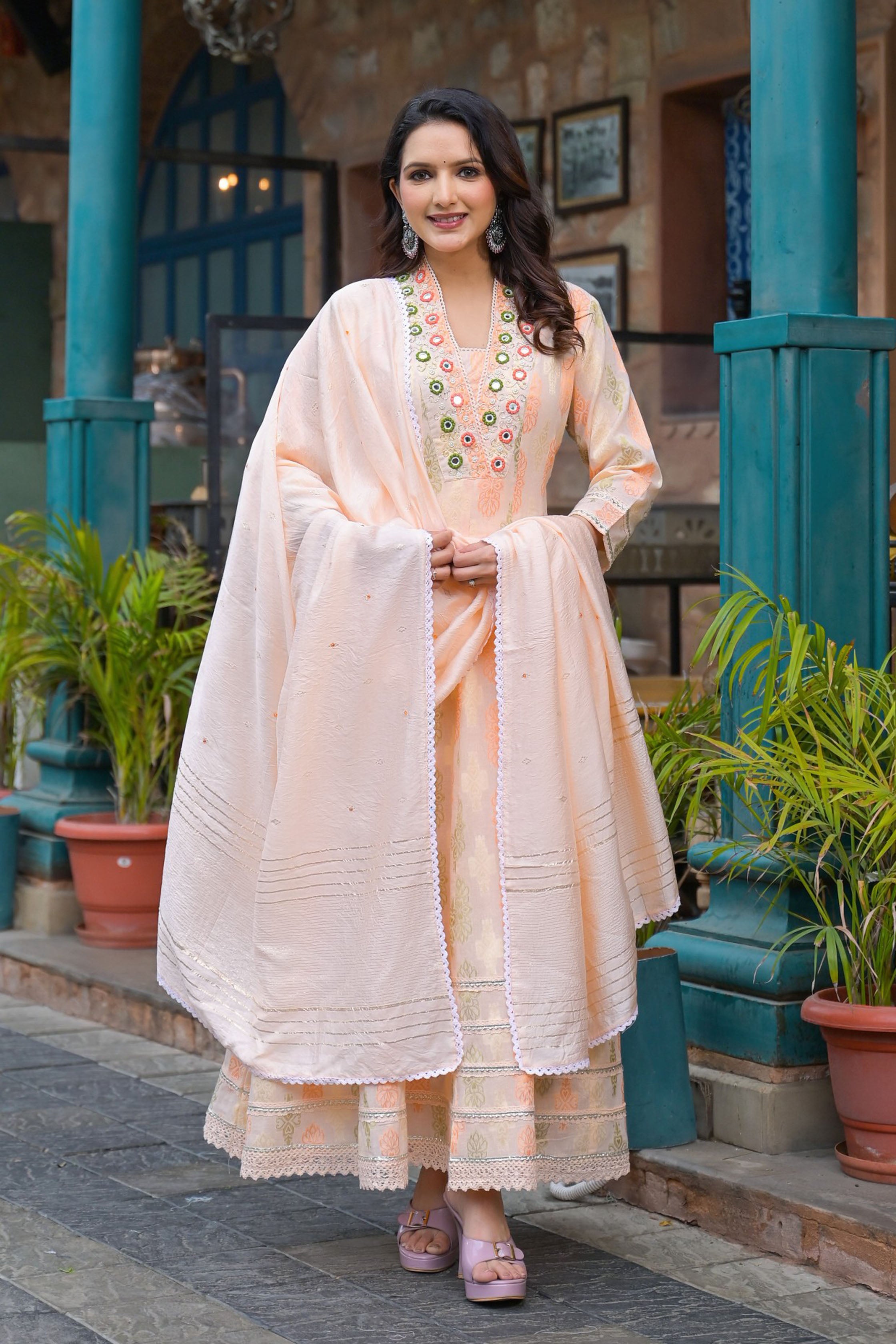 Peach Hand Work and Mirror Work Cotton Anarkali V-Neck Kurta and Trouser With Dupatta