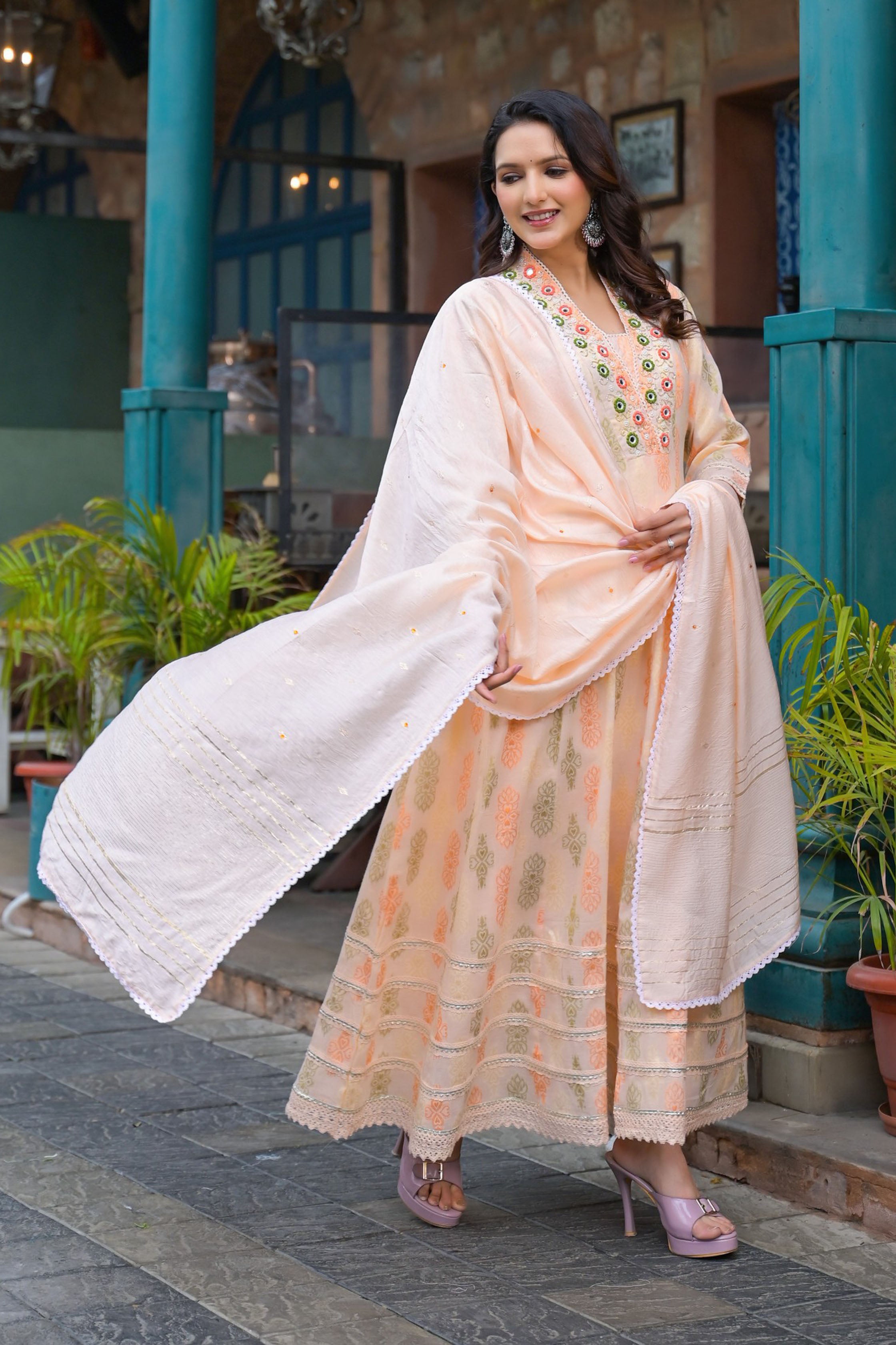 Peach Hand Work and Mirror Work Cotton Anarkali V-Neck Kurta and Trouser With Dupatta
