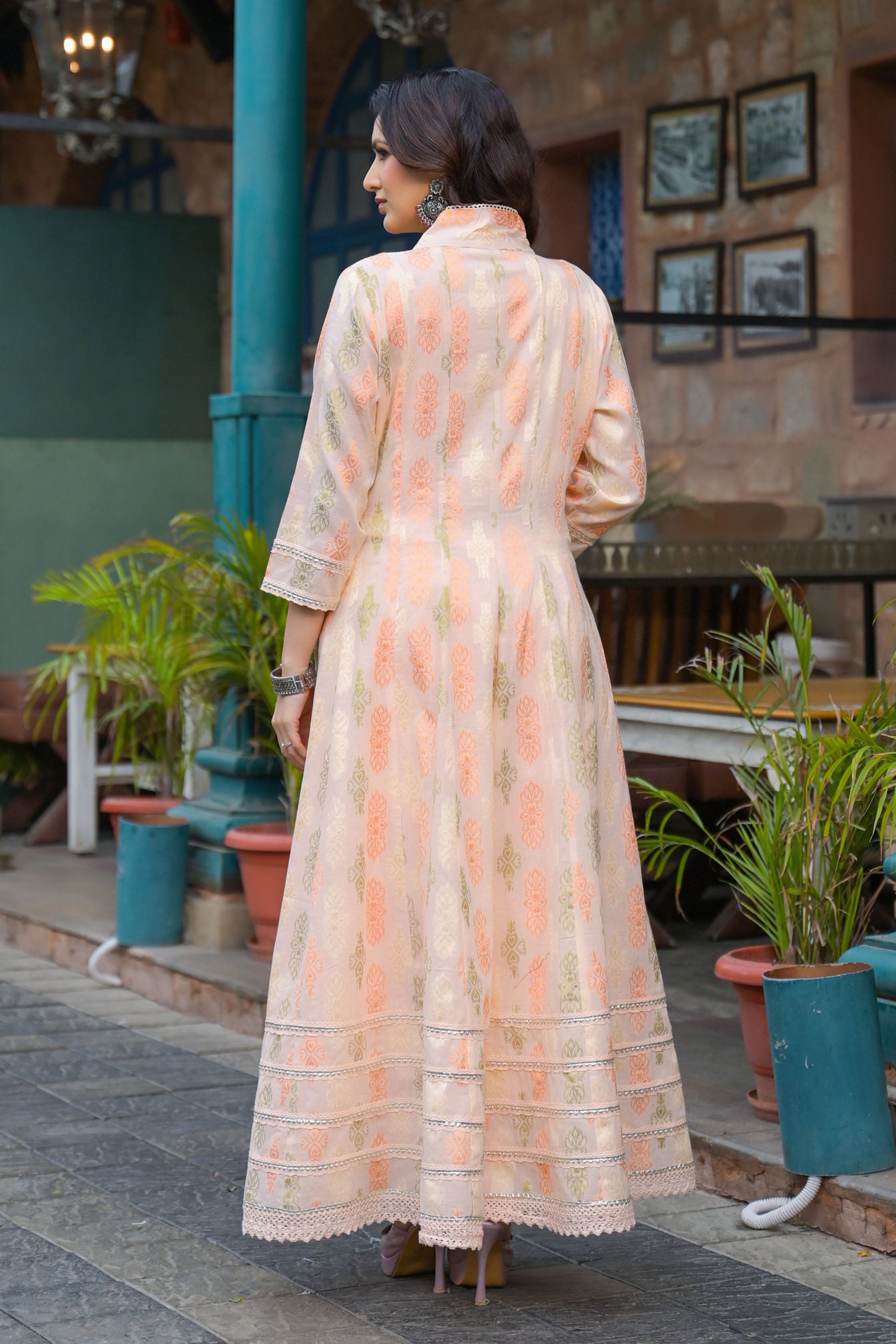 Peach Hand Work and Mirror Work Cotton Anarkali V-Neck Kurta and Trouser With Dupatta
