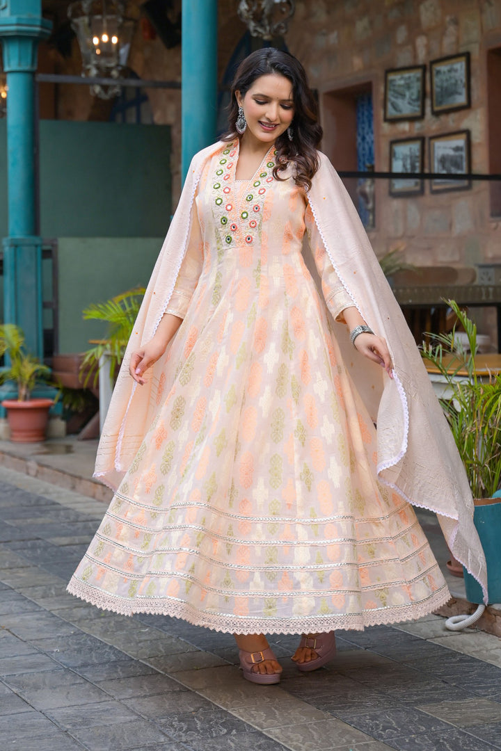 Peach Hand Work and Mirror Work Cotton Anarkali V-Neck Kurta and Trouser With Dupatta