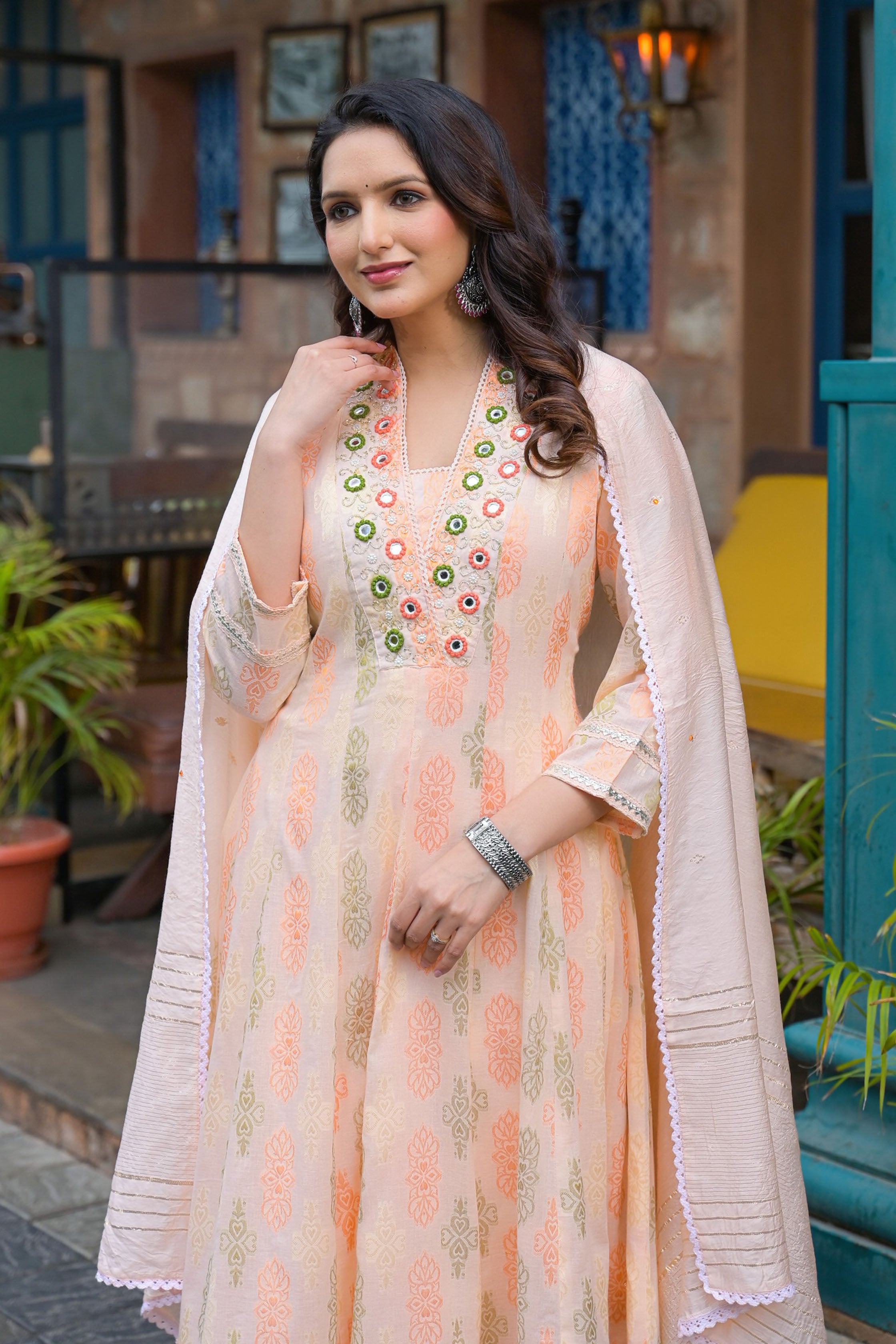 Peach Hand Work and Mirror Work Cotton Anarkali V-Neck Kurta and Trouser With Dupatta