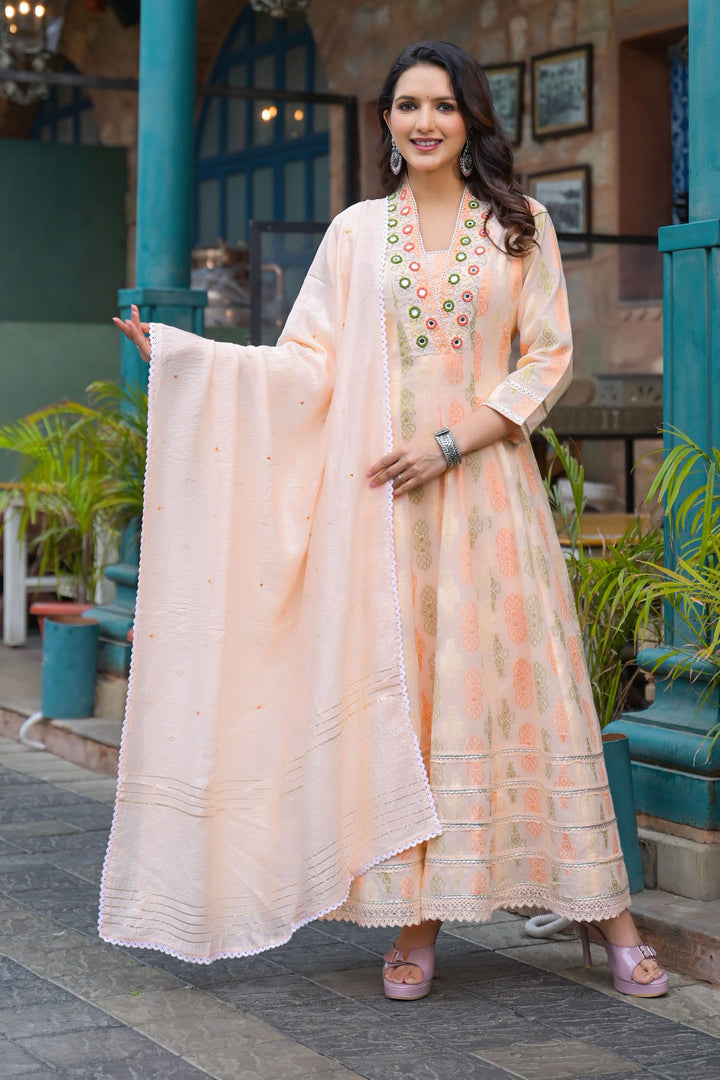 Aavanya Peach Hand Work and Mirror Work Cotton Anarkali V-Neck Kurta and Trouser With Dupatta