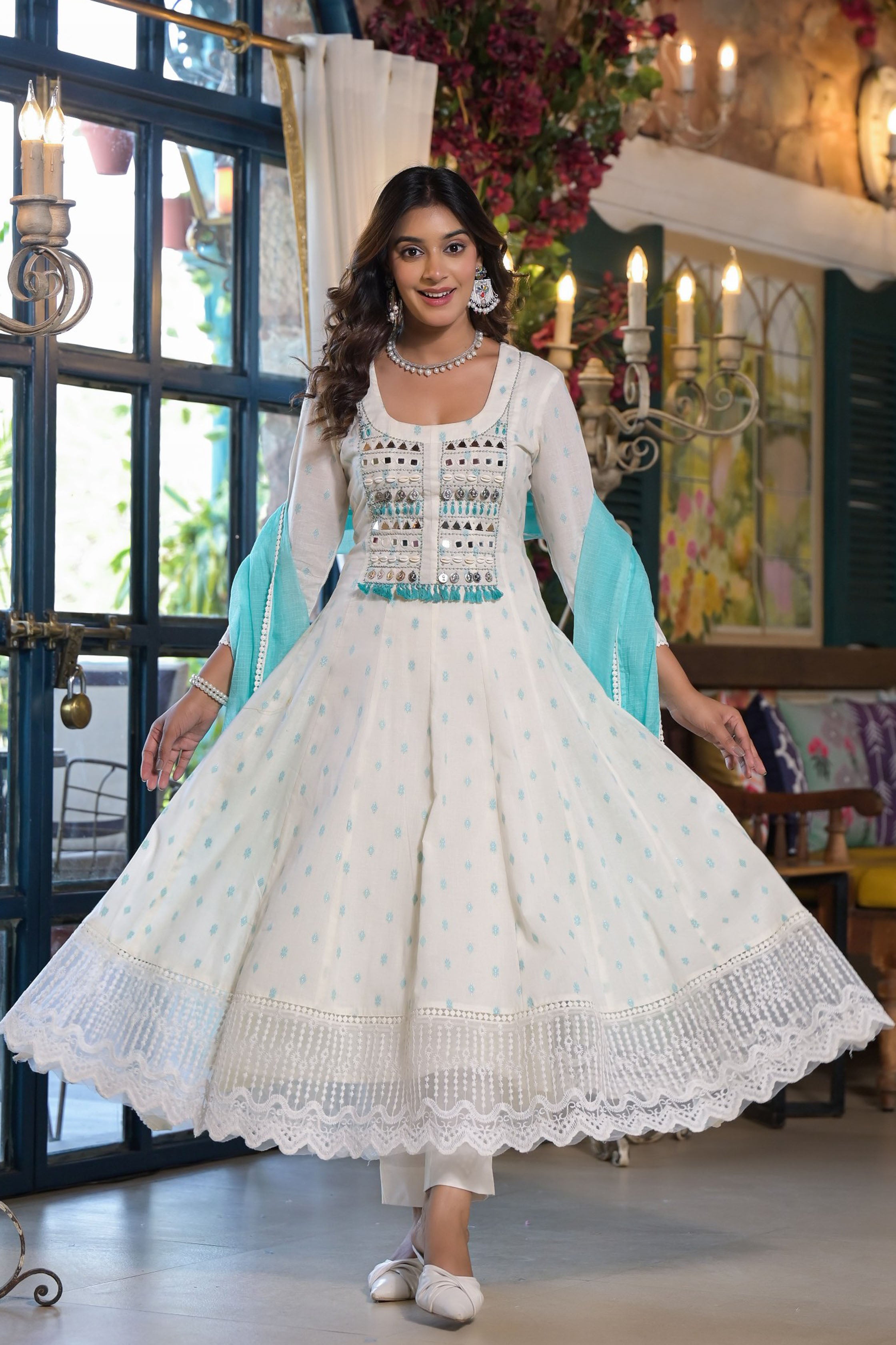 Green Cotton Anarkali Square Neck Mirror Work Kurta & Trouser With Dupatta