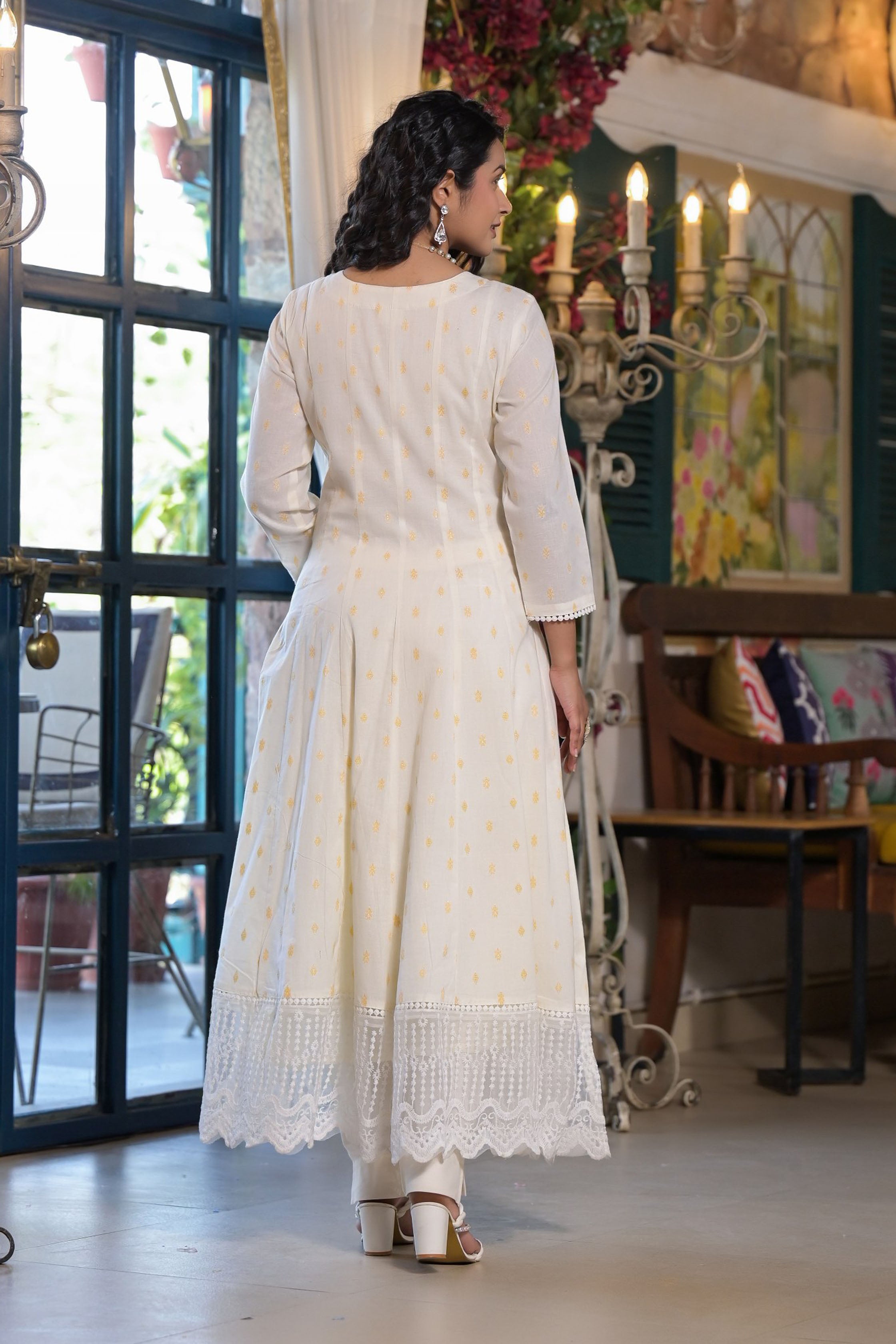Green Cotton Anarkali Square Neck Mirror Work Kurta & Trouser With Dupatta