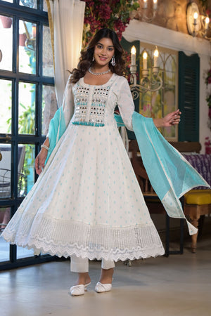 Aavanya Green Cotton Anarkali Square Neck Mirror Work Kurta & Trouser With Dupatta