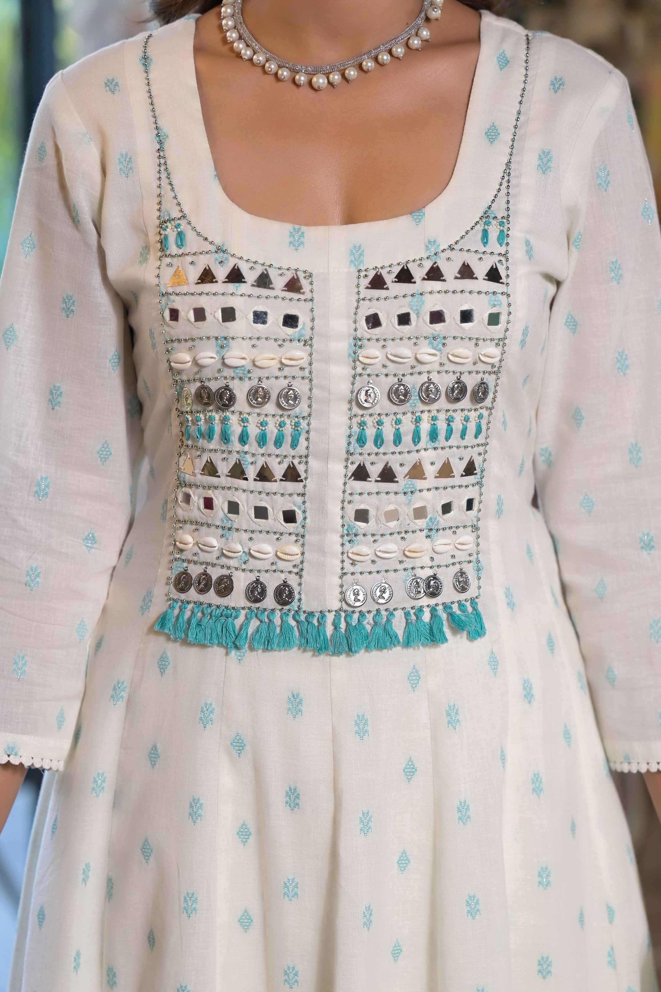 Green Cotton Anarkali Square Neck Mirror Work Kurta & Trouser With Dupatta