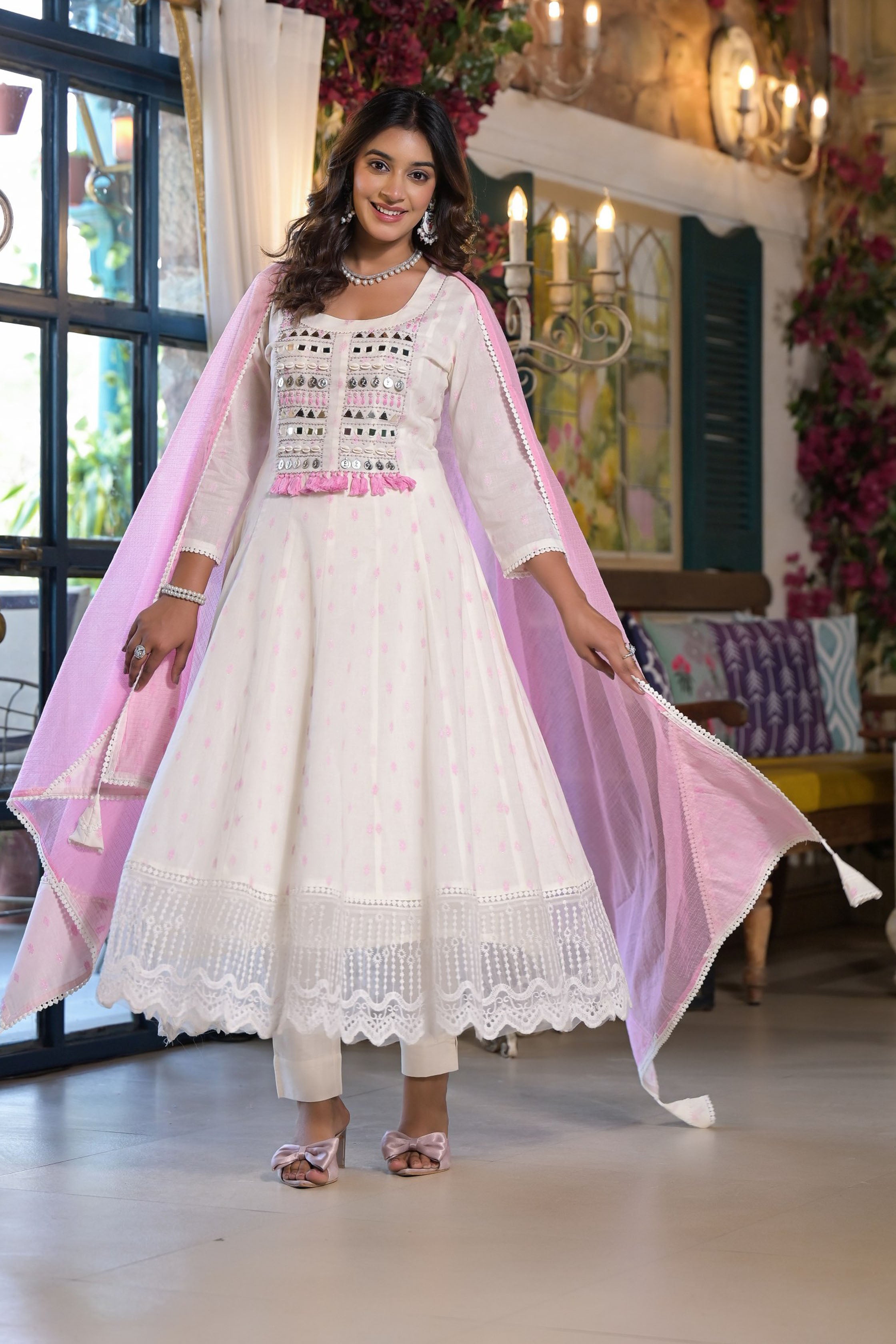 Aavanya Pink Cotton Anarkali Square Neck Mirror Work Kurta & Trouser With Dupatta