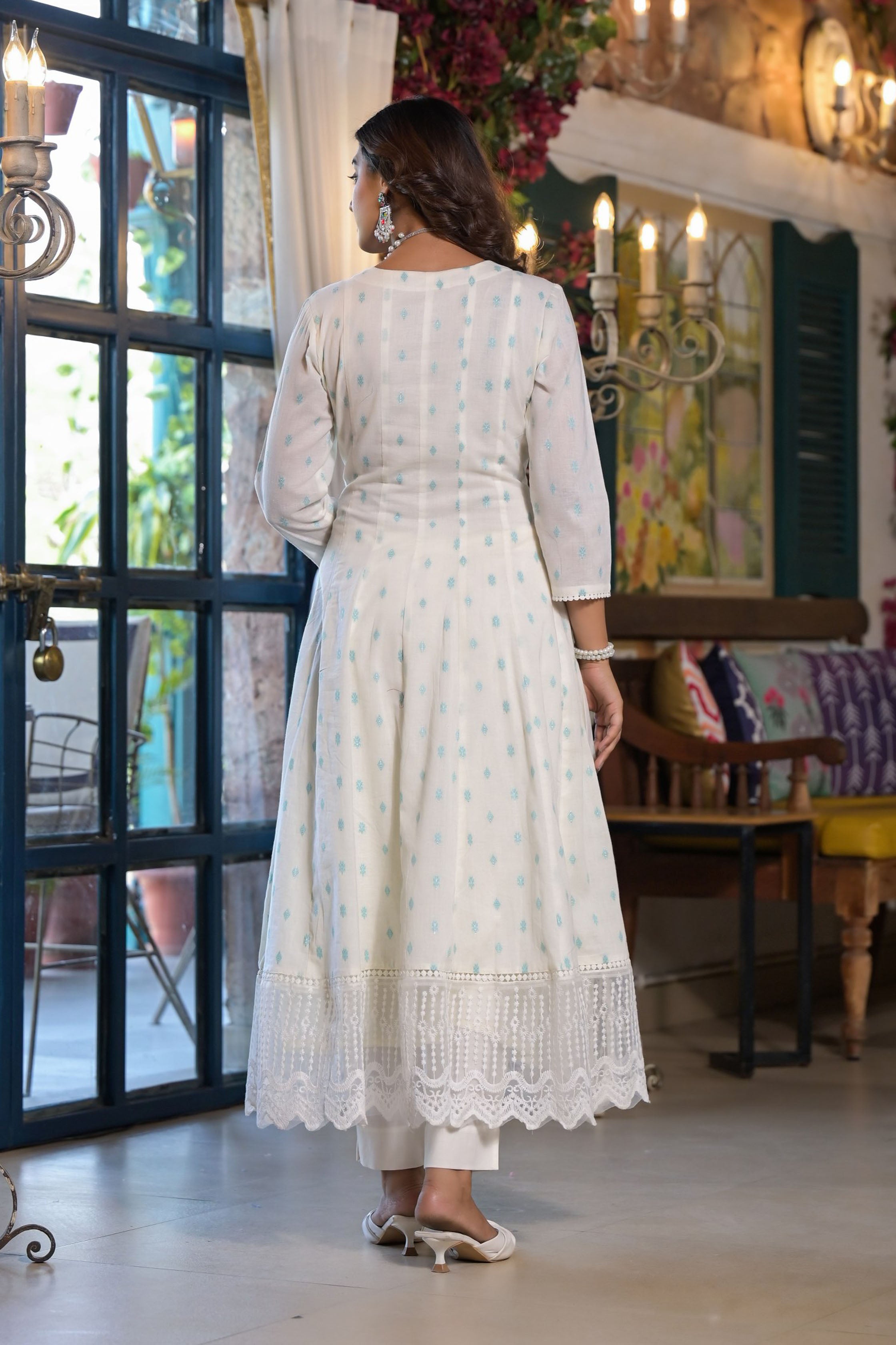Pink Cotton Anarkali Square Neck Mirror Work Kurta & Trouser With Dupatta