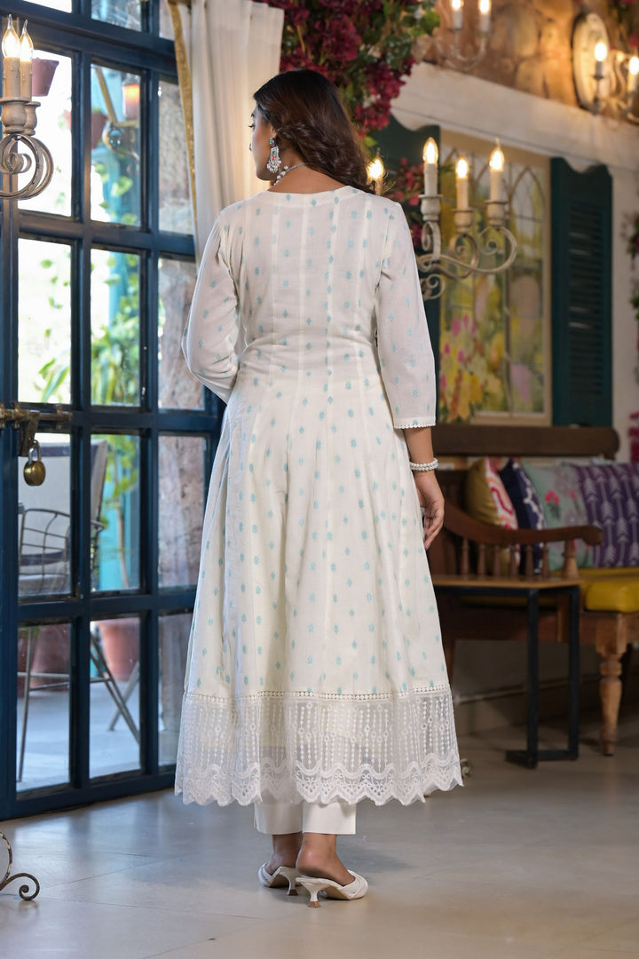 Pink Cotton Anarkali Square Neck Mirror Work Kurta & Trouser With Dupatta