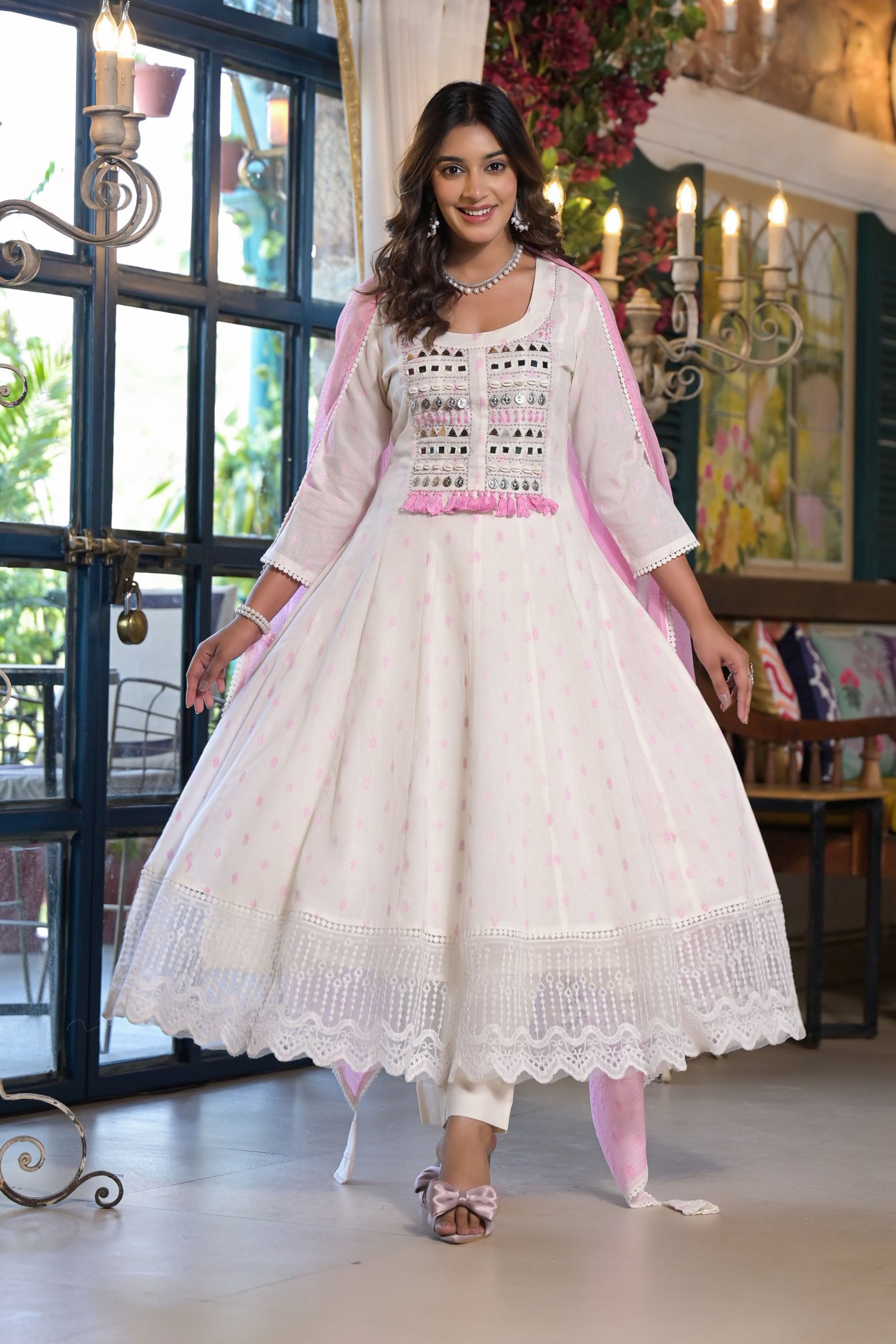 Pink Cotton Anarkali Square Neck Mirror Work Kurta & Trouser With Dupatta