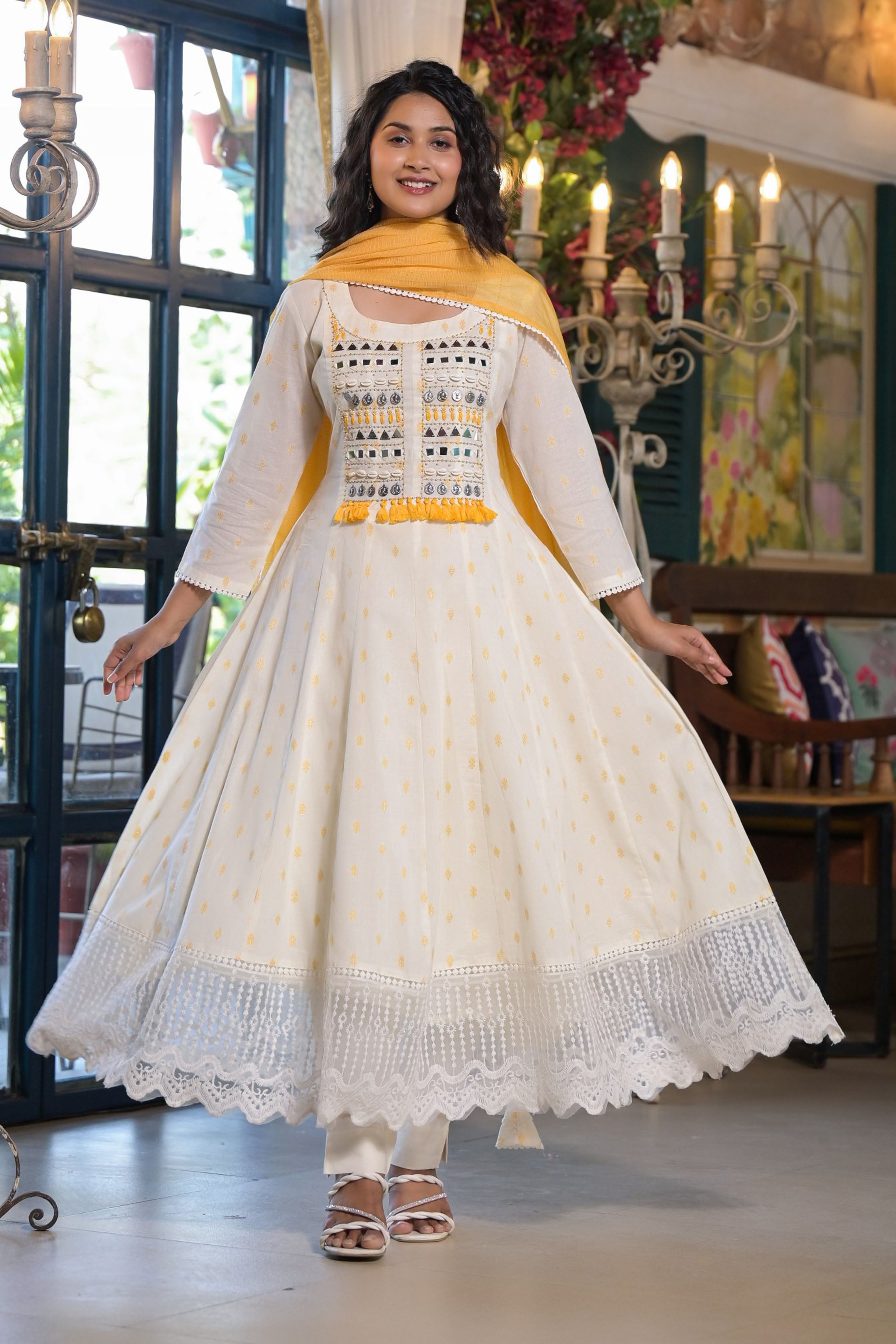 Yellow Cotton Anarkali Square Neck Mirror Work Kurta & Trouser With Dupatta
