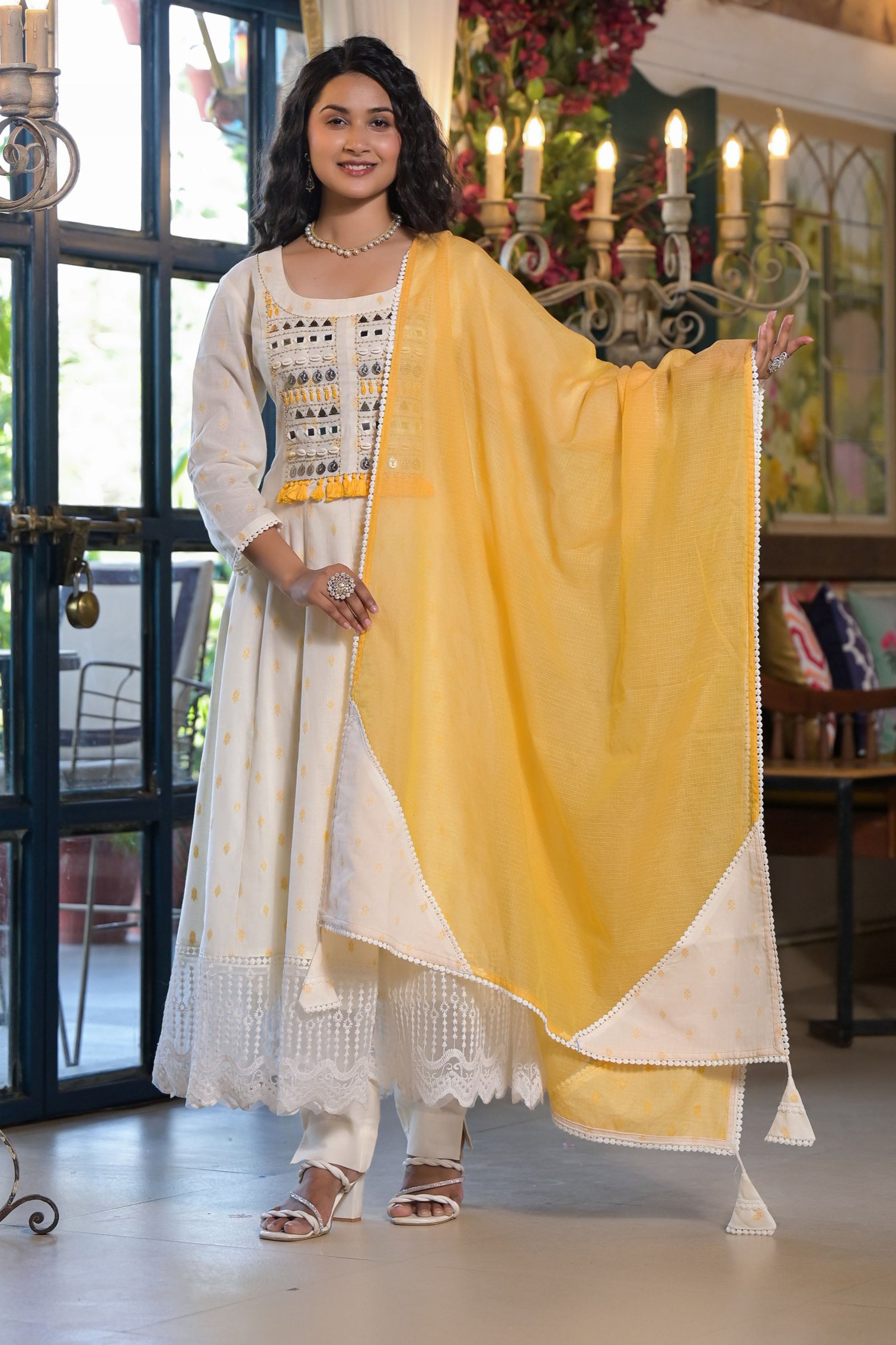 Yellow Cotton Anarkali Square Neck Mirror Work Kurta & Trouser With Dupatta