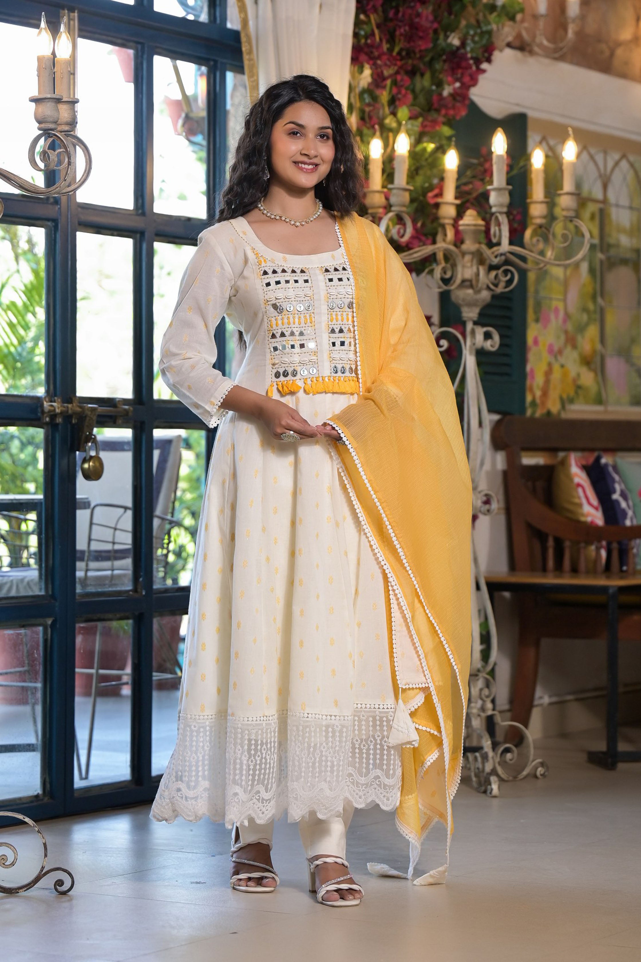 Yellow Cotton Anarkali Square Neck Mirror Work Kurta & Trouser With Dupatta